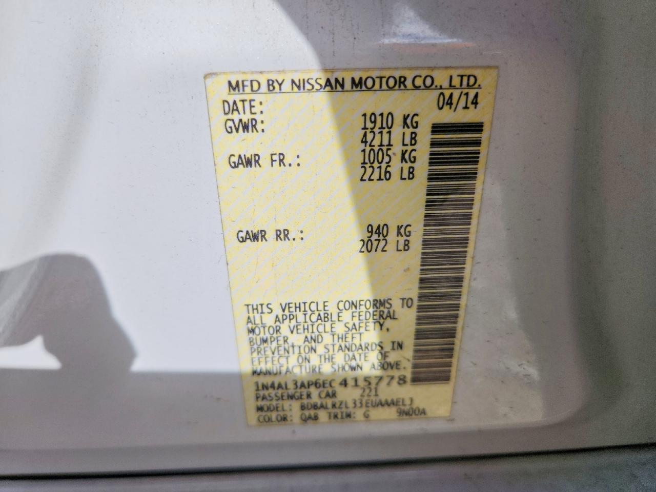 2014 Nissan Altima 2.5 S White vin: 1N4AL3AP6EC415778