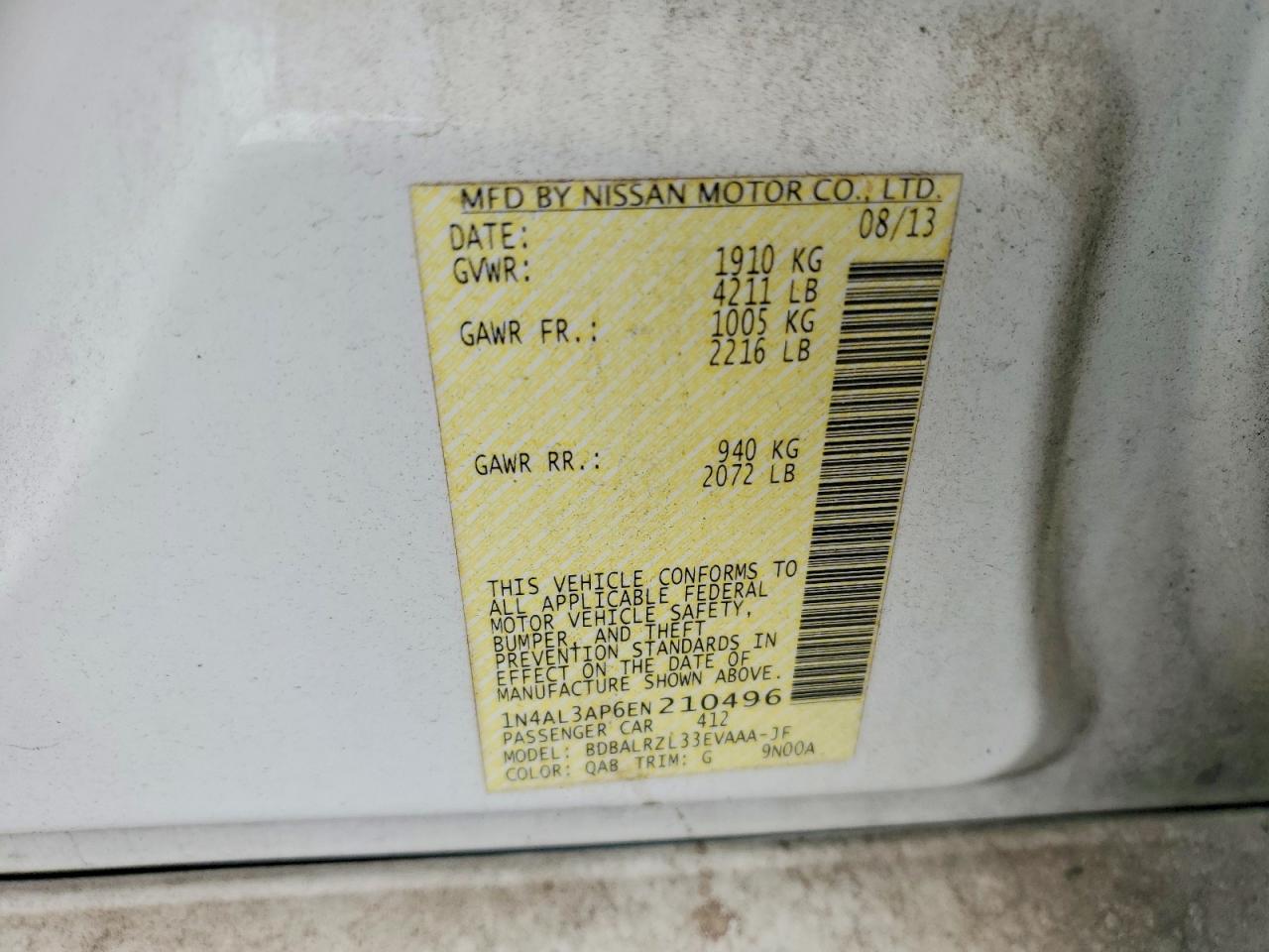 2014 Nissan Altima 2.5 White vin: 1N4AL3AP6EN210496