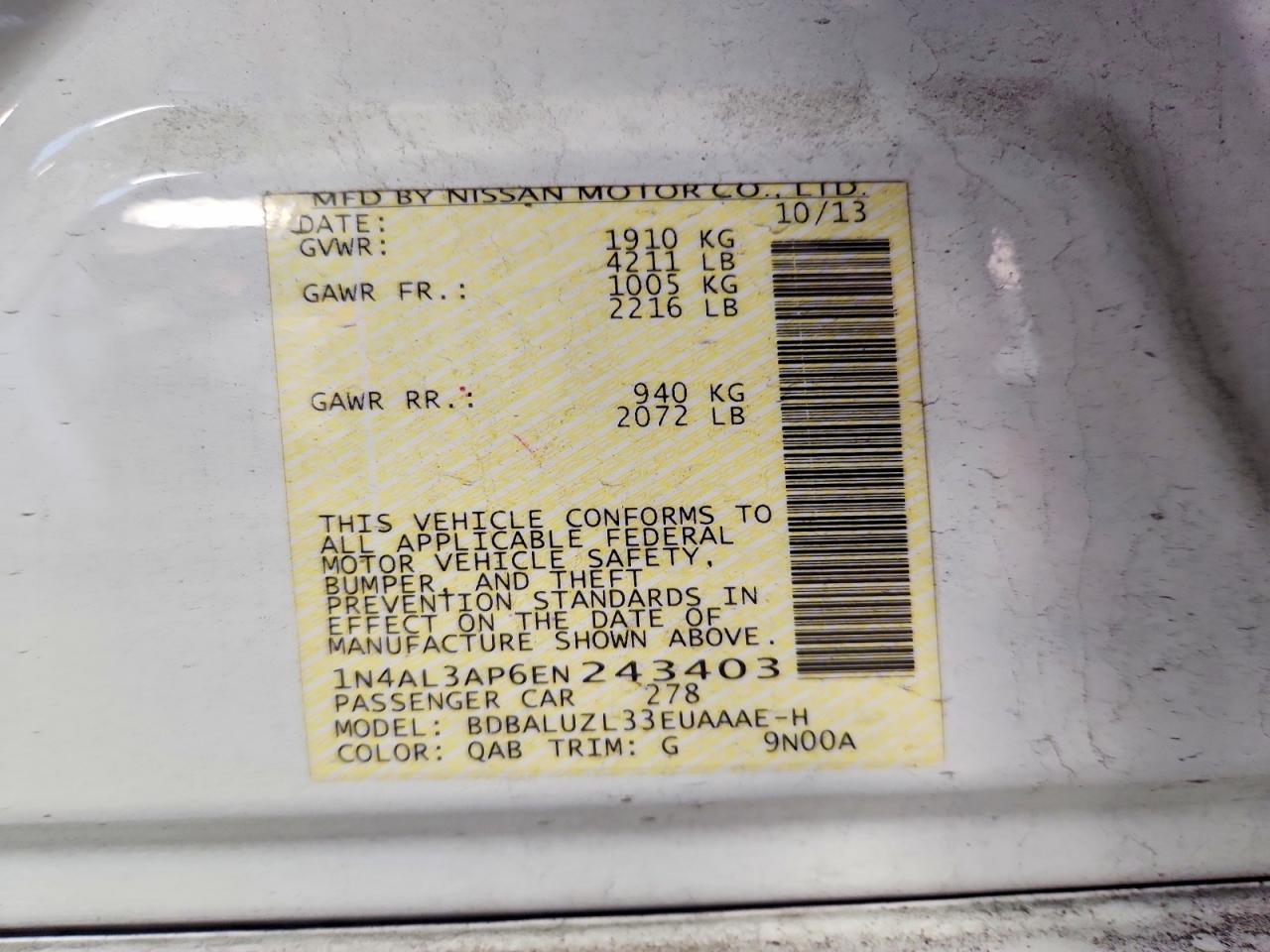 2014 Nissan Altima 2.5 Sv White vin: 1N4AL3AP6EN243403