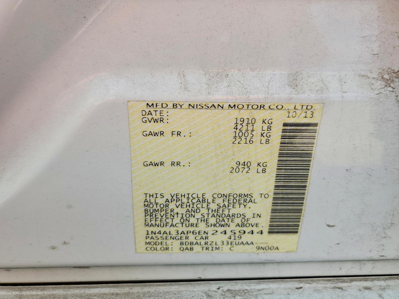 2014 Nissan Altima 2.5 S White vin: 1N4AL3AP6EN245944