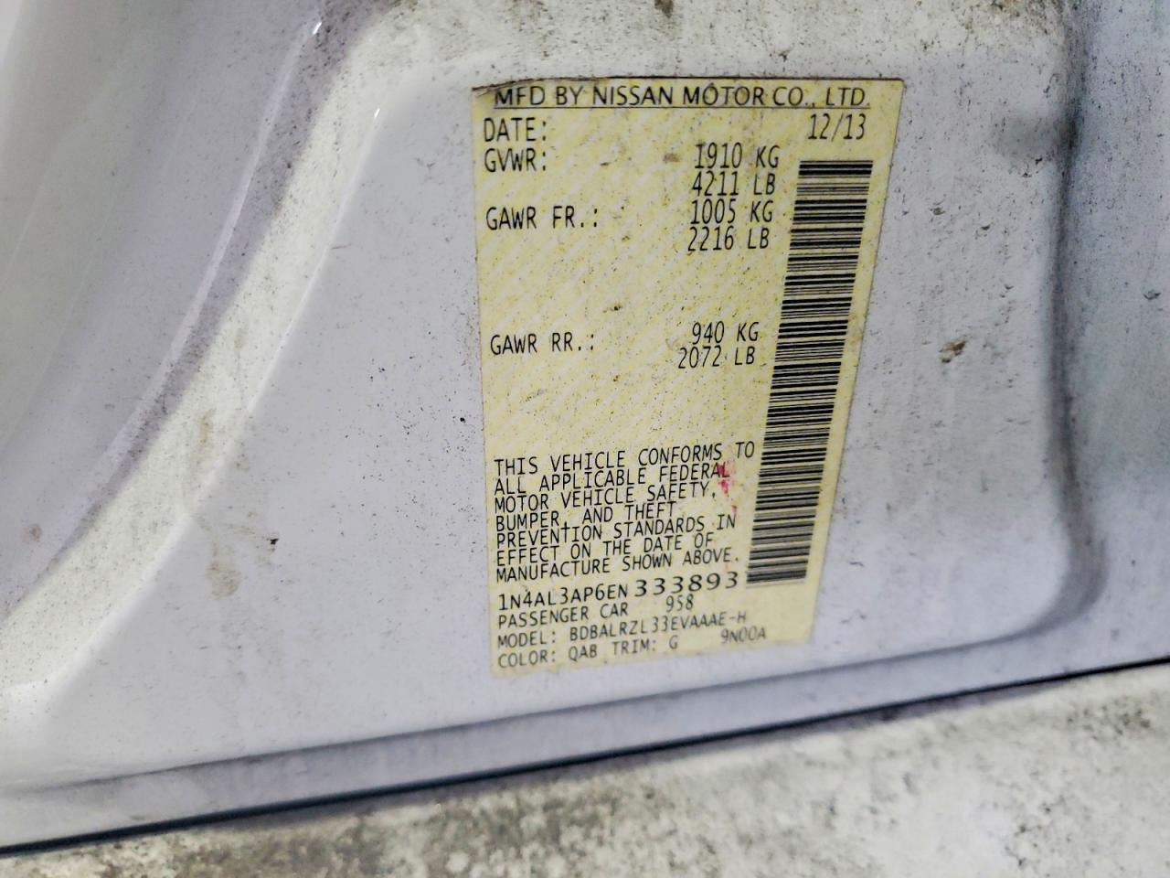 2014 Nissan Altima 2.5 S Белый vin: 1N4AL3AP6EN333893