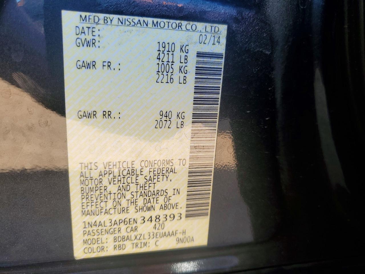 2014 Nissan Altima 2.5 Sl Black vin: 1N4AL3AP6EN348393