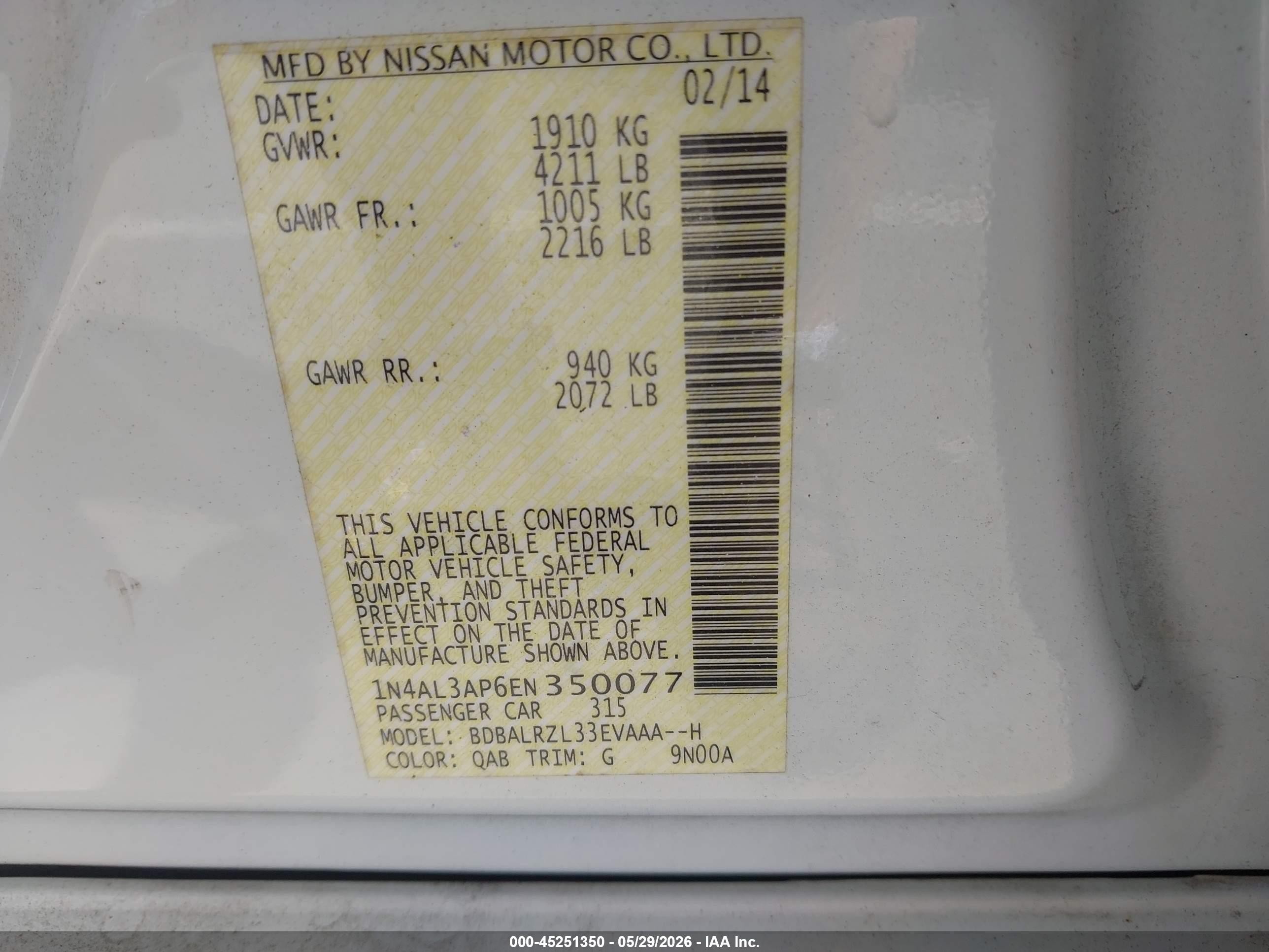 2014 Nissan Altima 2.5 S White vin: 1N4AL3AP6EN350077