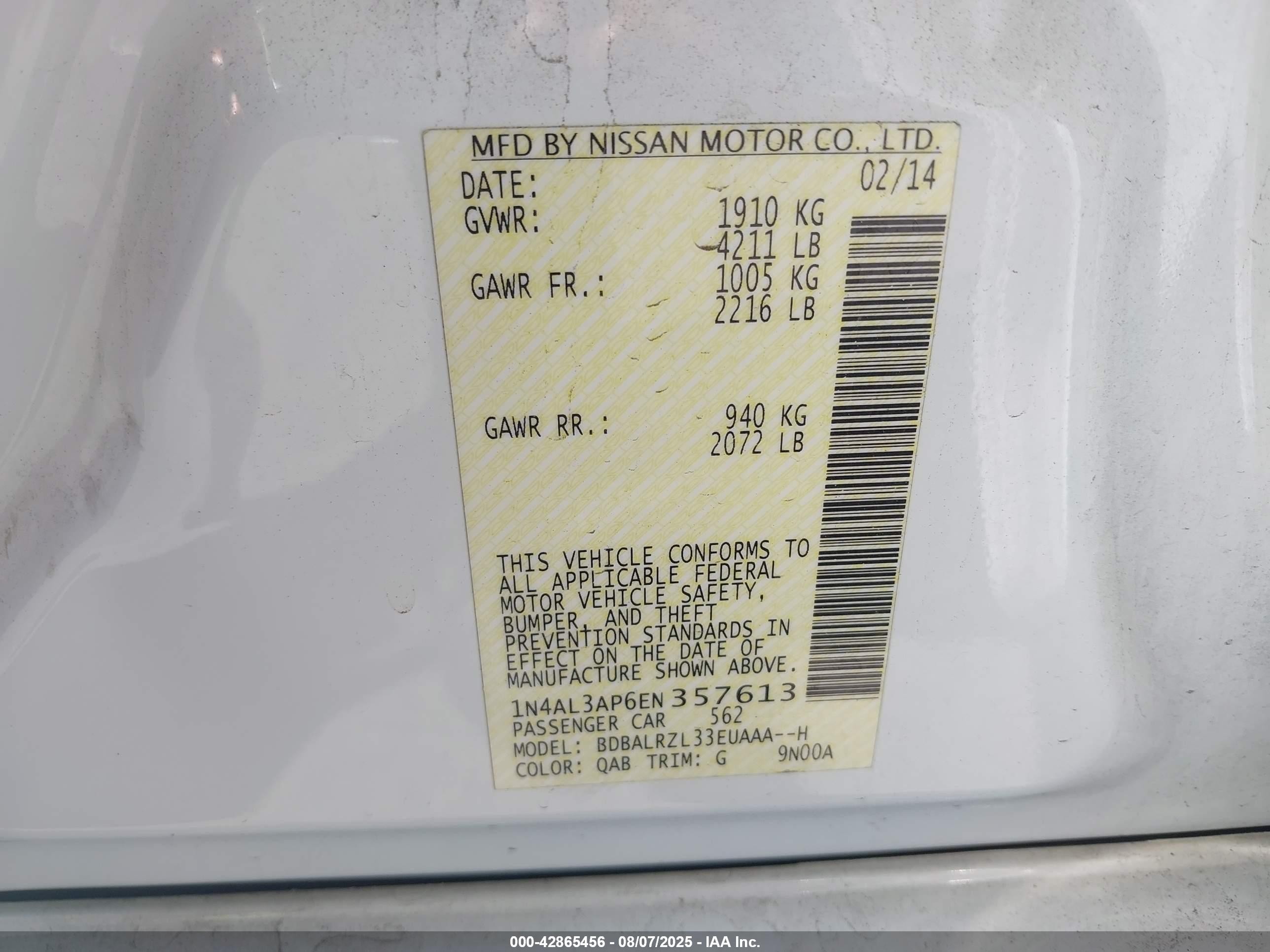 2014 Nissan Altima 2.5 S White vin: 1N4AL3AP6EN357613