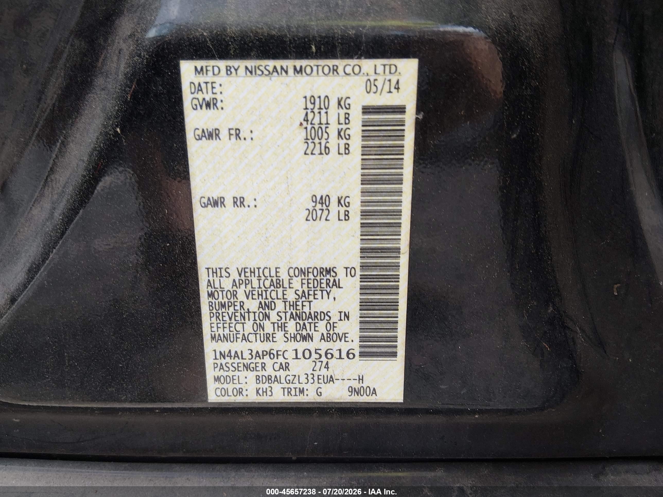 2015 Nissan Altima 2.5 S Black vin: 1N4AL3AP6FC105616
