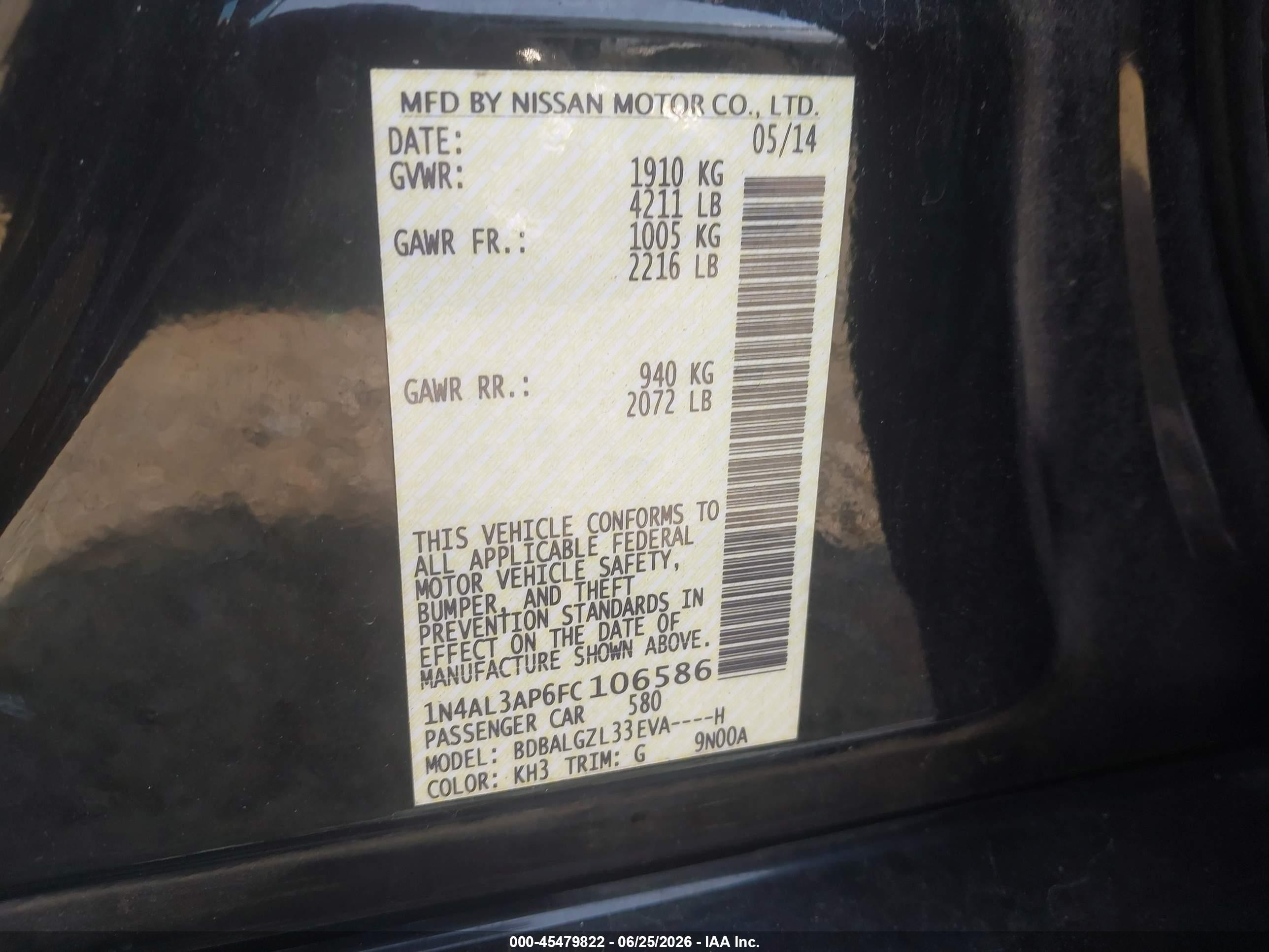 2015 Nissan Altima 2.5 S Black vin: 1N4AL3AP6FC106586
