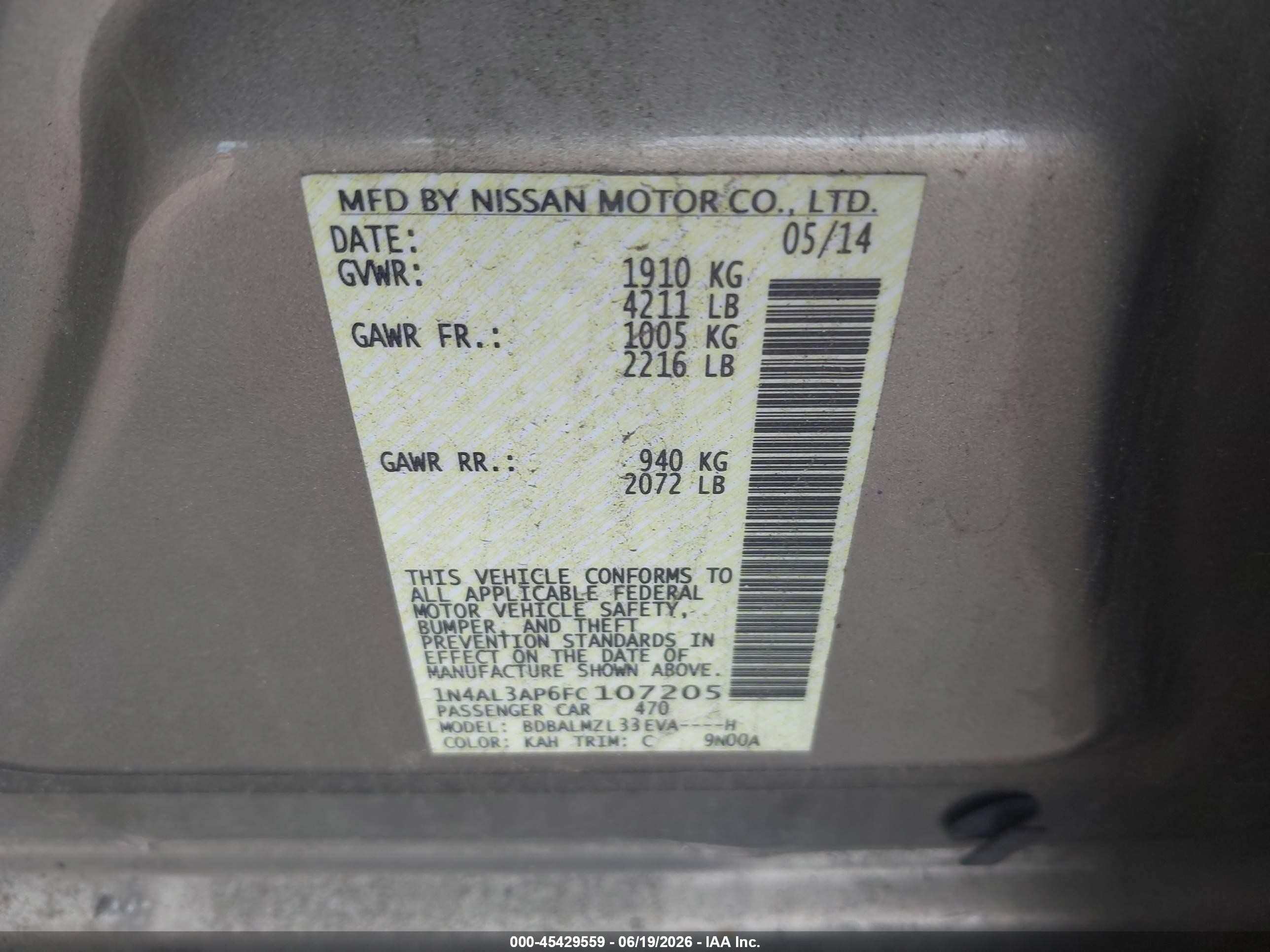 2015 Nissan Altima 2.5 Sv Gold vin: 1N4AL3AP6FC107205