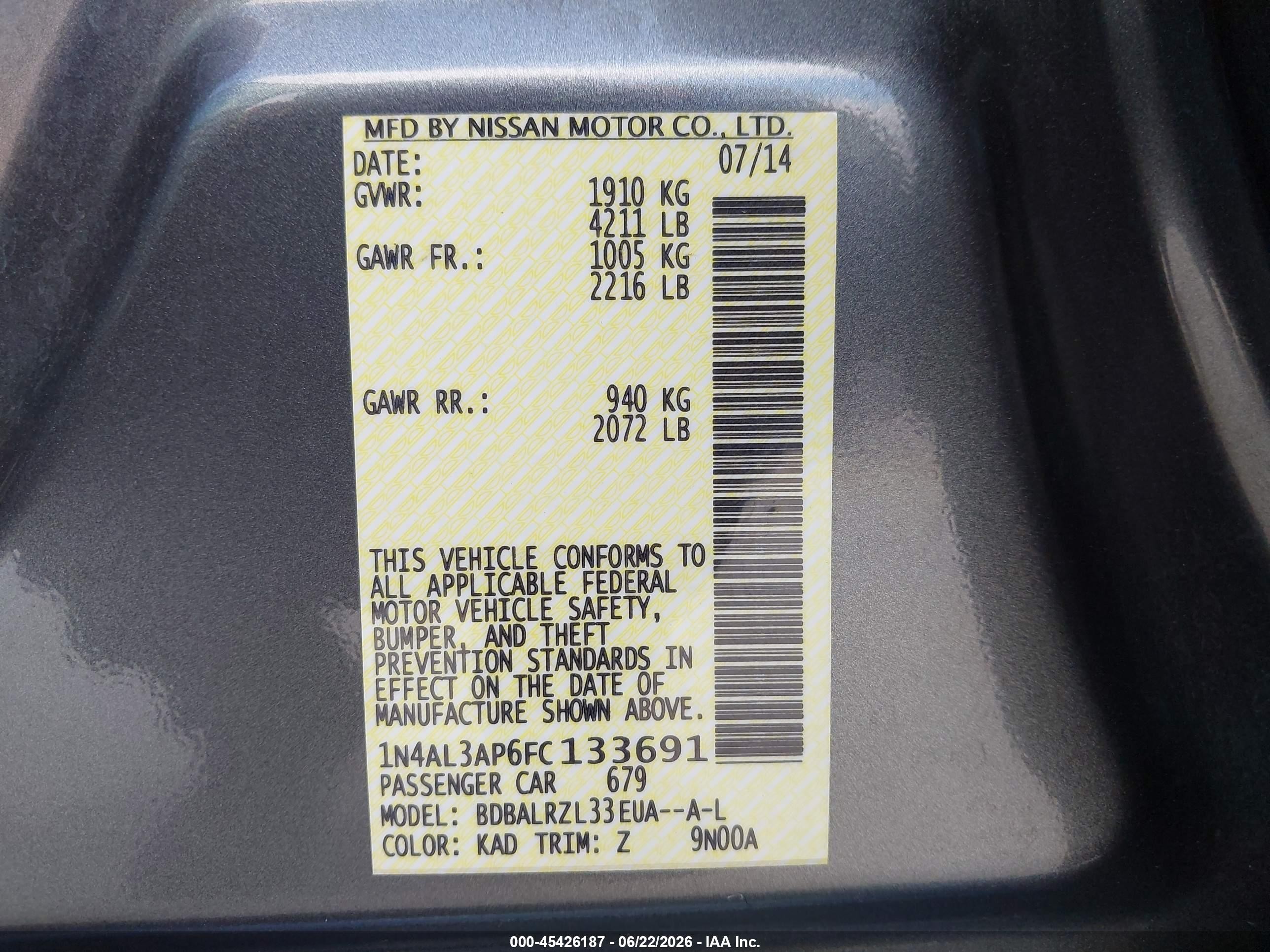 2015 Nissan Altima 2.5 Sl Gray vin: 1N4AL3AP6FC133691