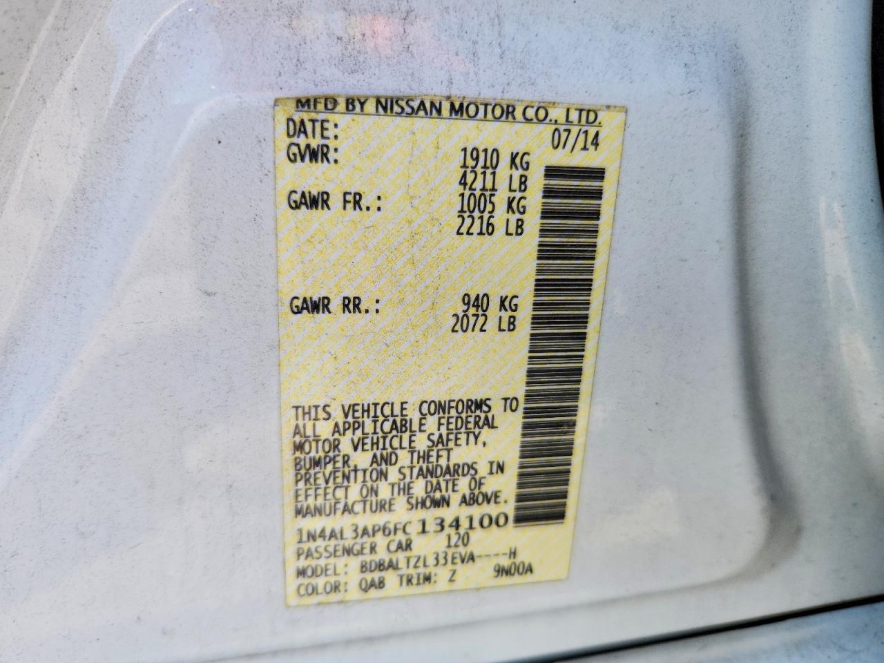 2015 Nissan Altima 2.5 Sl White vin: 1N4AL3AP6FC134100
