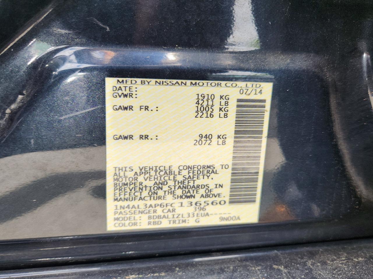 2015 Nissan Altima 2.5 Sv Black vin: 1N4AL3AP6FC136560