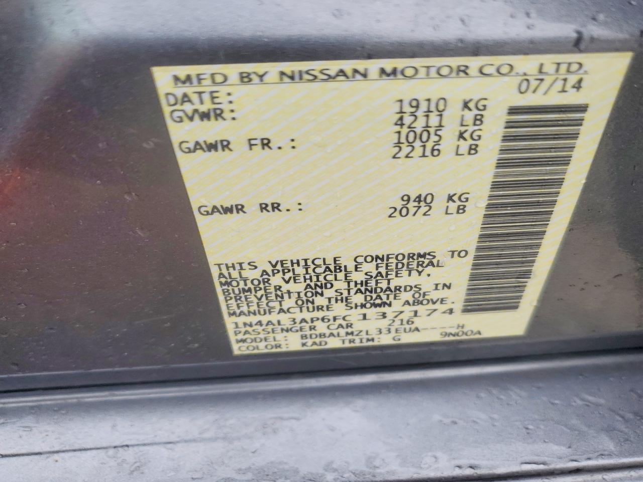 2015 Nissan Altima 2.5 Sv Gray vin: 1N4AL3AP6FC137174