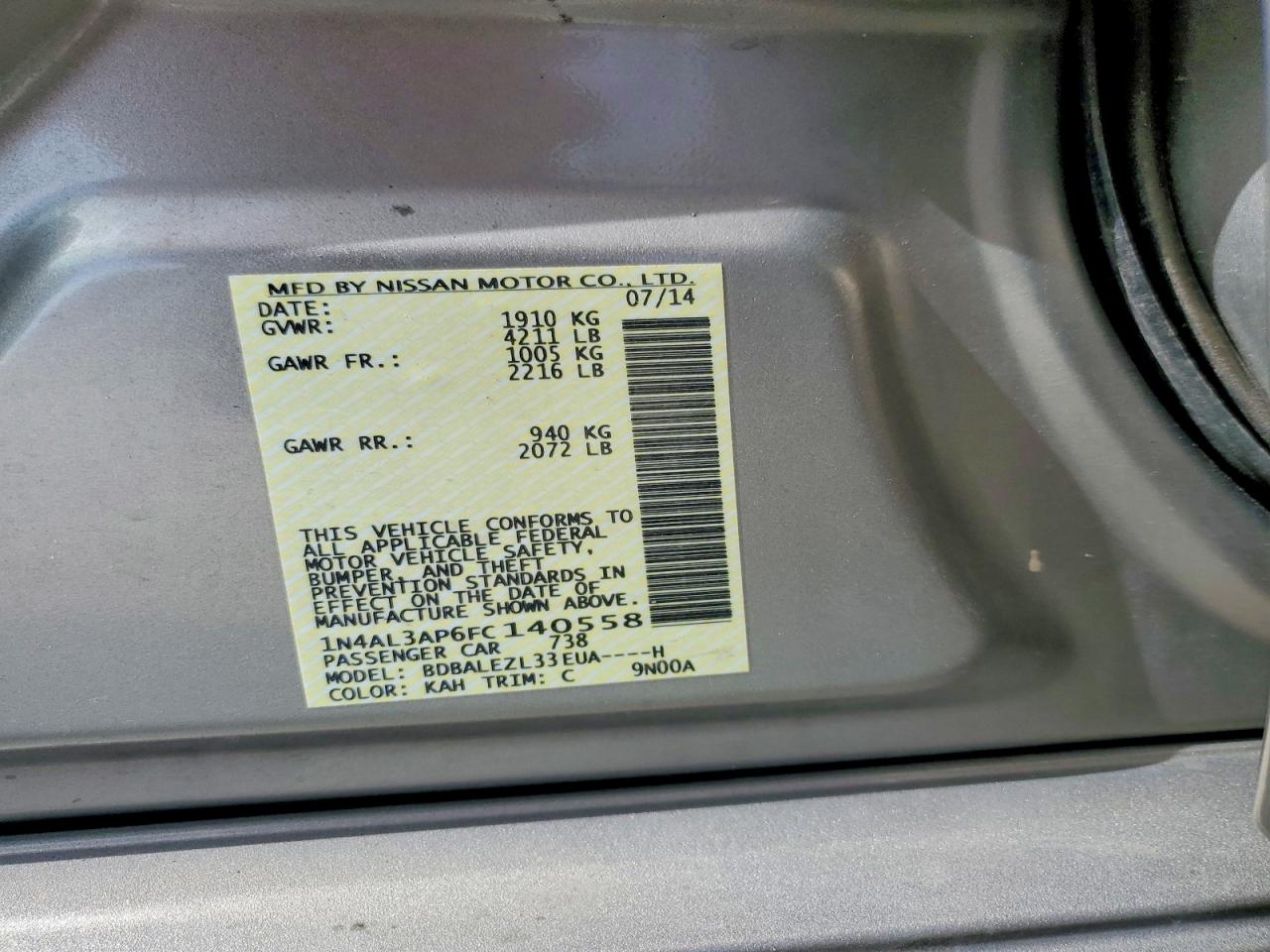 2015 Nissan Altima 2.5 S Tan vin: 1N4AL3AP6FC140558