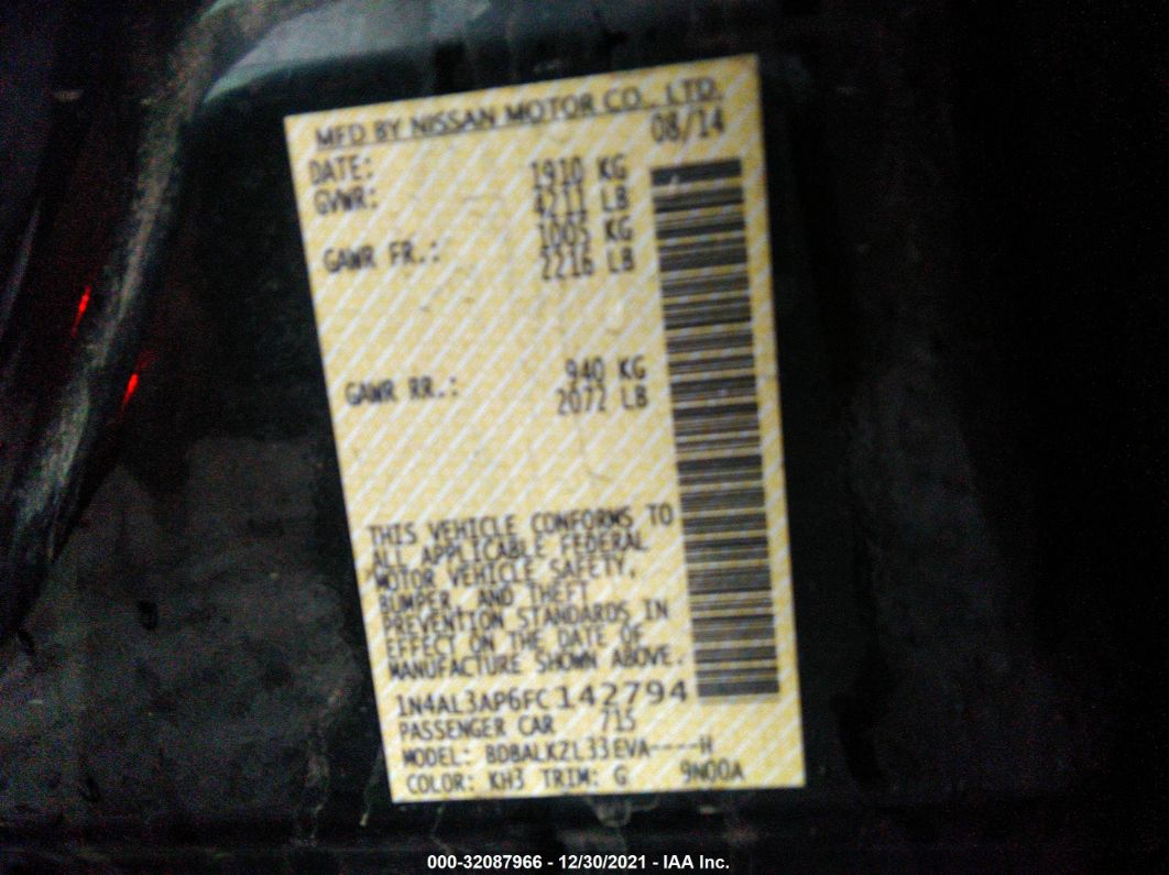 2015 Nissan Altima 2.5 Sv Black vin: 1N4AL3AP6FC142794