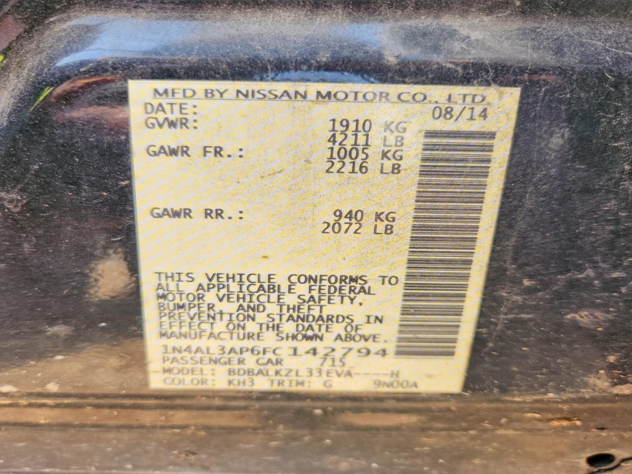 2015 Nissan Altima 2.5 Sv Black vin: 1N4AL3AP6FC142794
