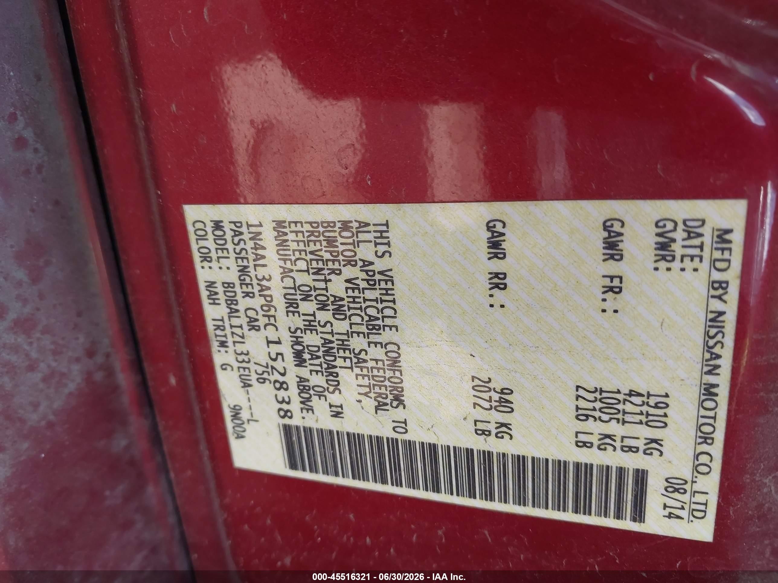 2015 Nissan Altima 2.5 Sv Red vin: 1N4AL3AP6FC152838