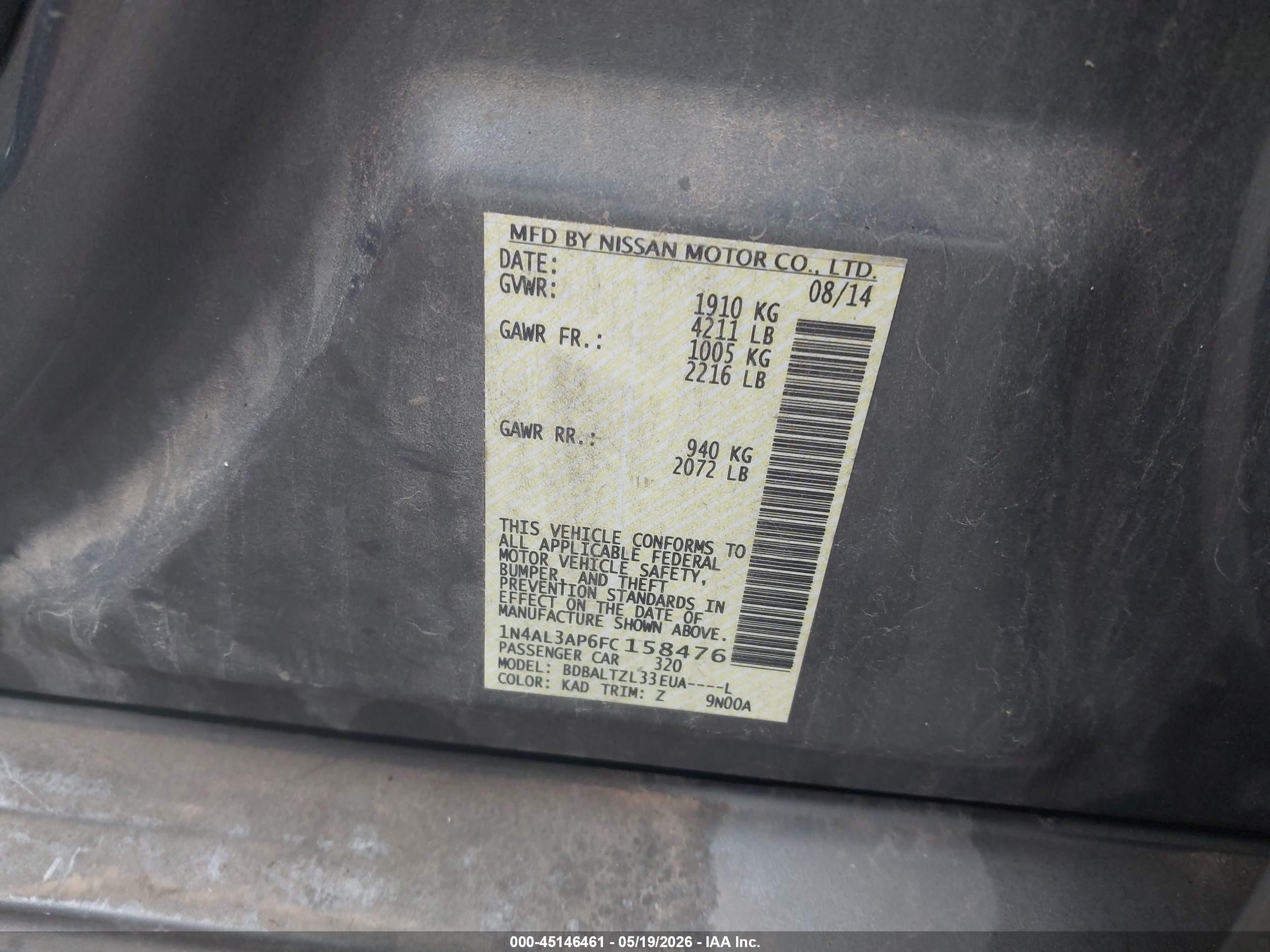 2015 Nissan Altima 2.5 Sl Gray vin: 1N4AL3AP6FC158476