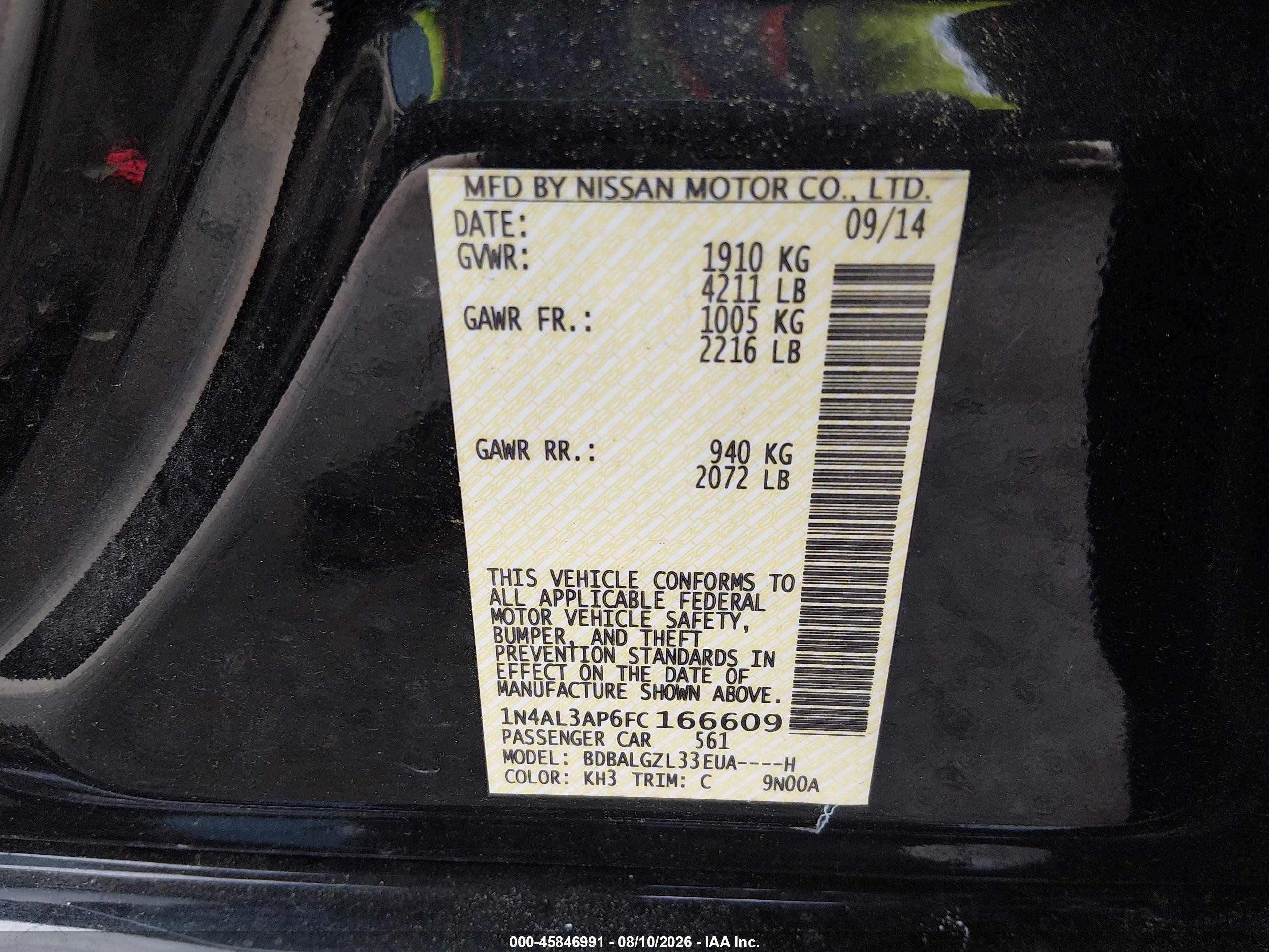 2015 Nissan Altima 2.5 S Black vin: 1N4AL3AP6FC166609