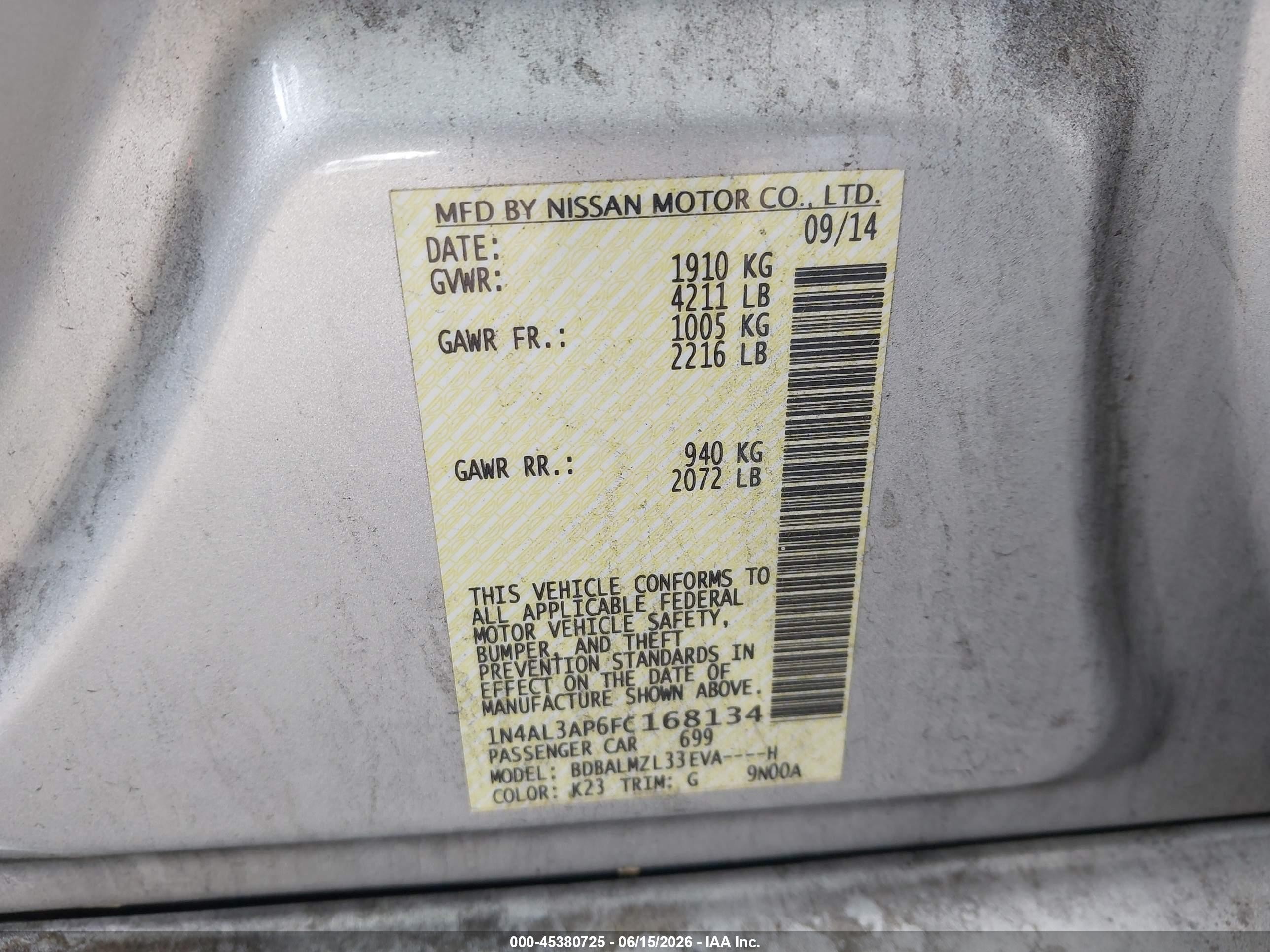 2015 Nissan Altima 2.5 Sv Silver vin: 1N4AL3AP6FC168134