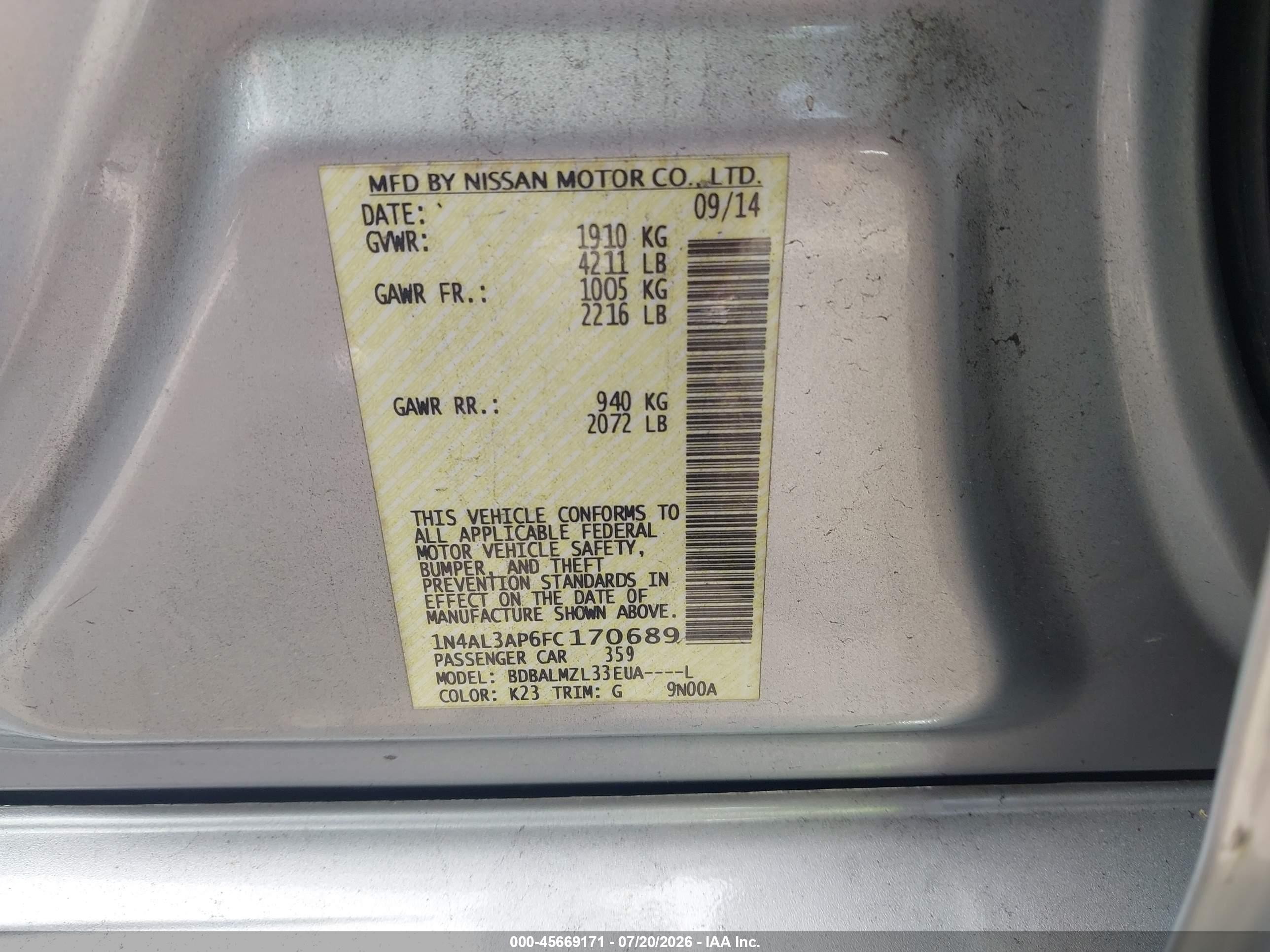2015 Nissan Altima 2.5 Sv Silver vin: 1N4AL3AP6FC170689
