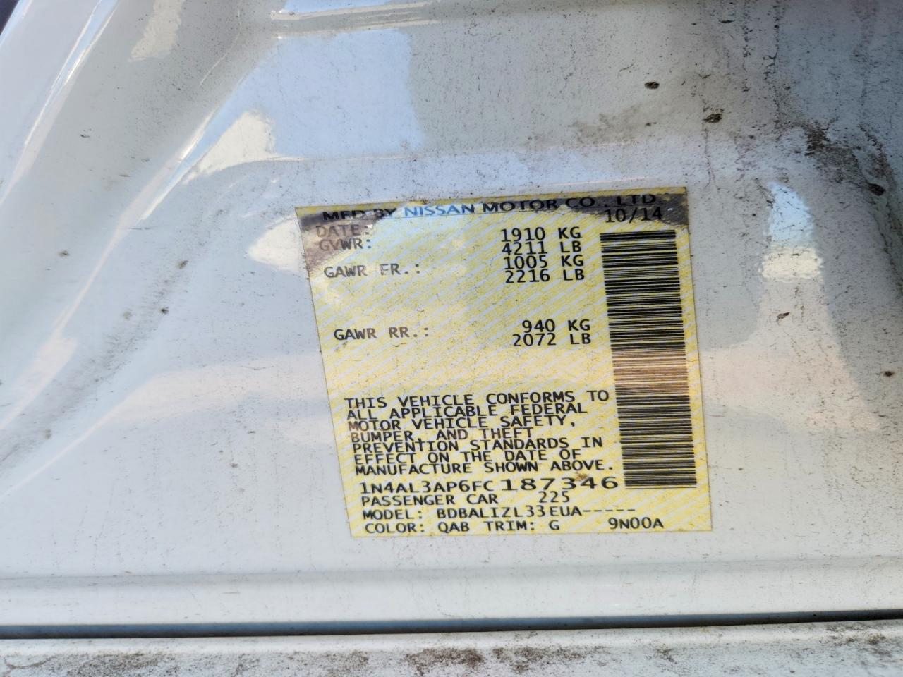 2015 Nissan Altima 2.5 Sv White vin: 1N4AL3AP6FC187346