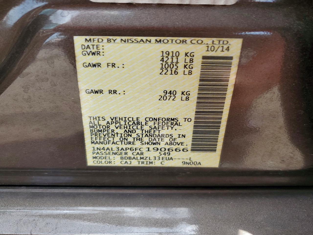2015 Nissan Altima 2.5 Sv Tan vin: 1N4AL3AP6FC190666