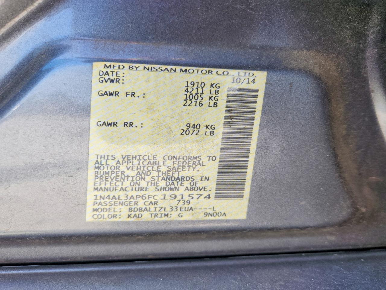 2015 Nissan Altima 2.5 Sv Gray vin: 1N4AL3AP6FC191574