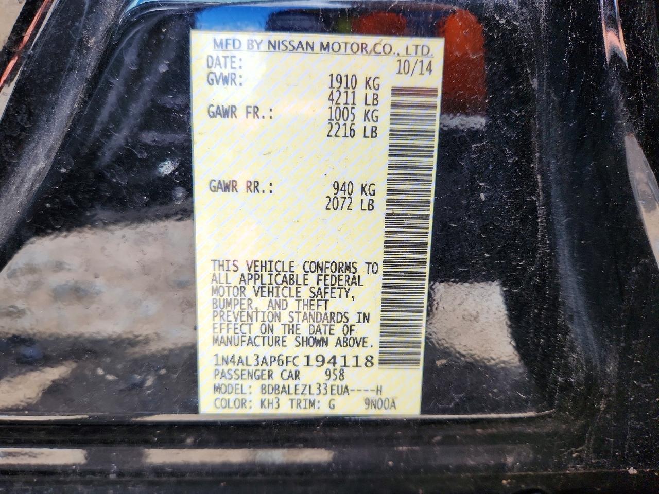 2015 Nissan Altima 2.5 S Black vin: 1N4AL3AP6FC194118