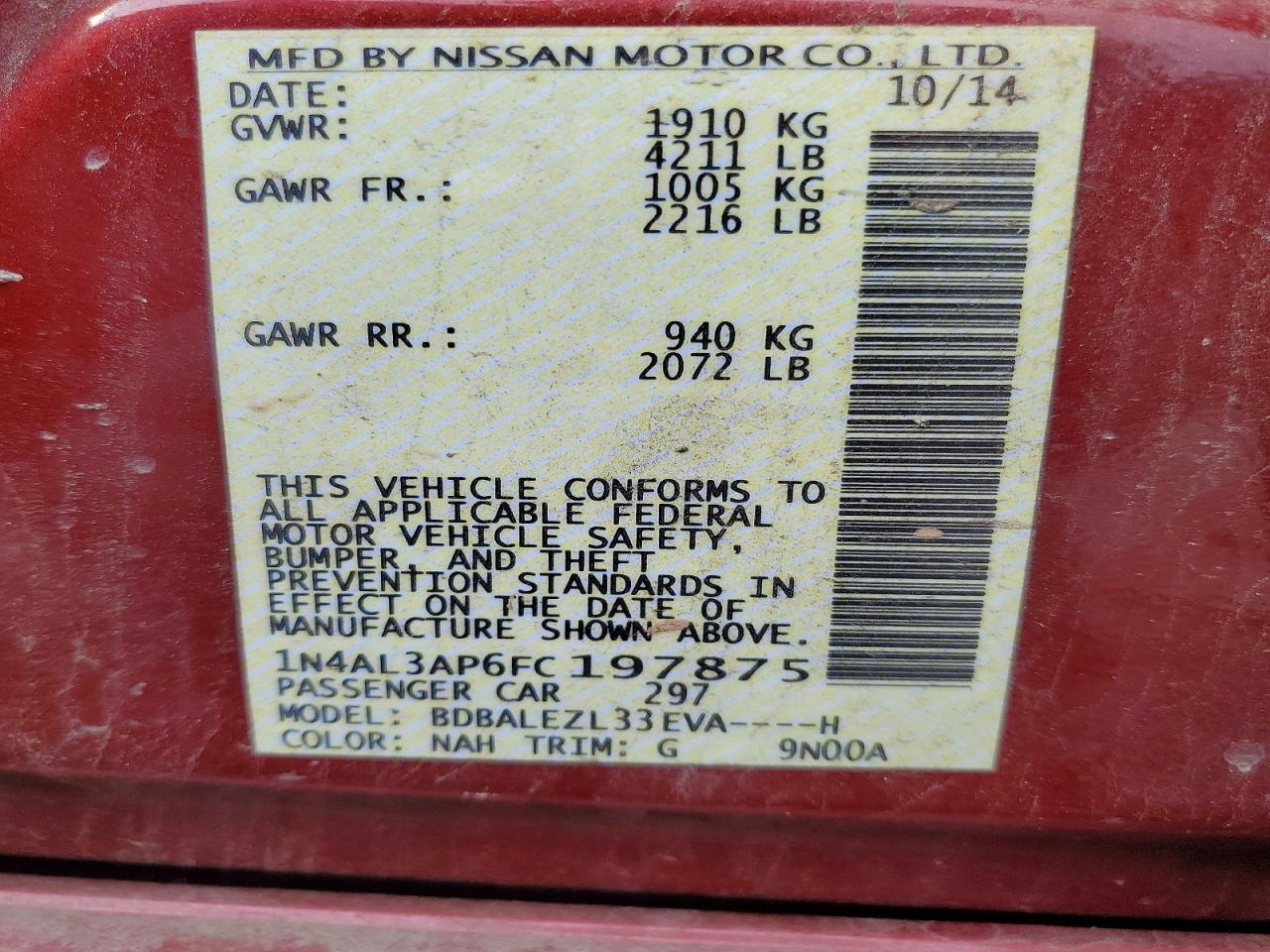 2015 Nissan Altima 2.5 S Red vin: 1N4AL3AP6FC197875