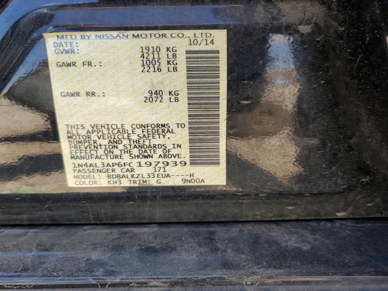 2015 Nissan Altima 2.5 Sv Black vin: 1N4AL3AP6FC197939