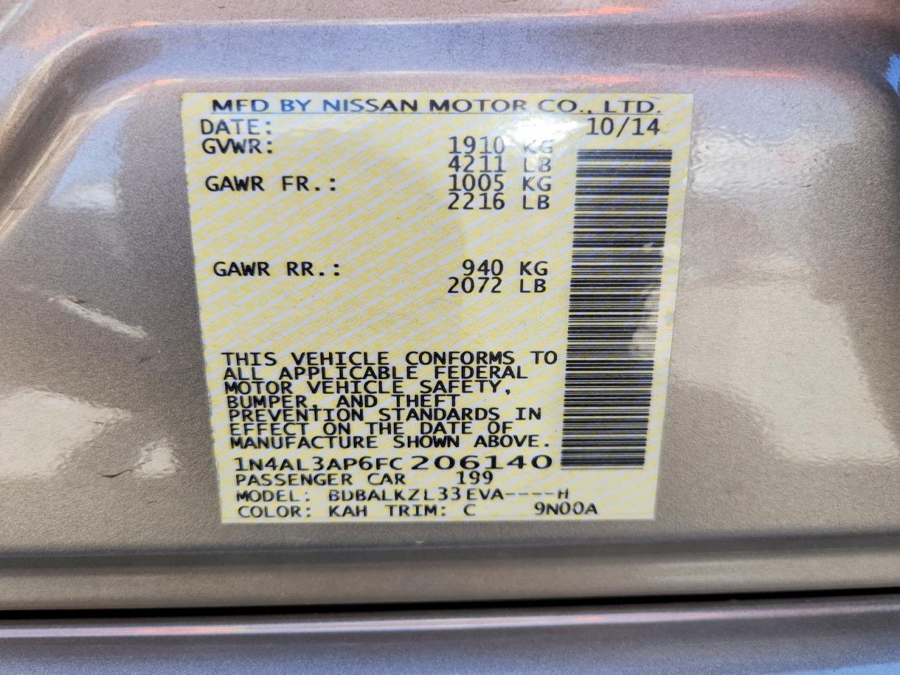 2015 Nissan Altima 2.5 Sv Gold vin: 1N4AL3AP6FC206140