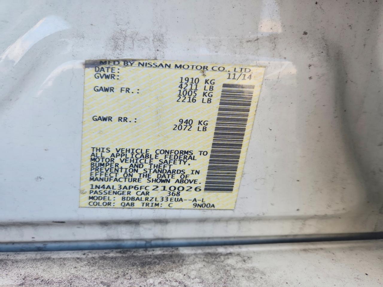 2015 Nissan Altima 2.5 Sl White vin: 1N4AL3AP6FC210026