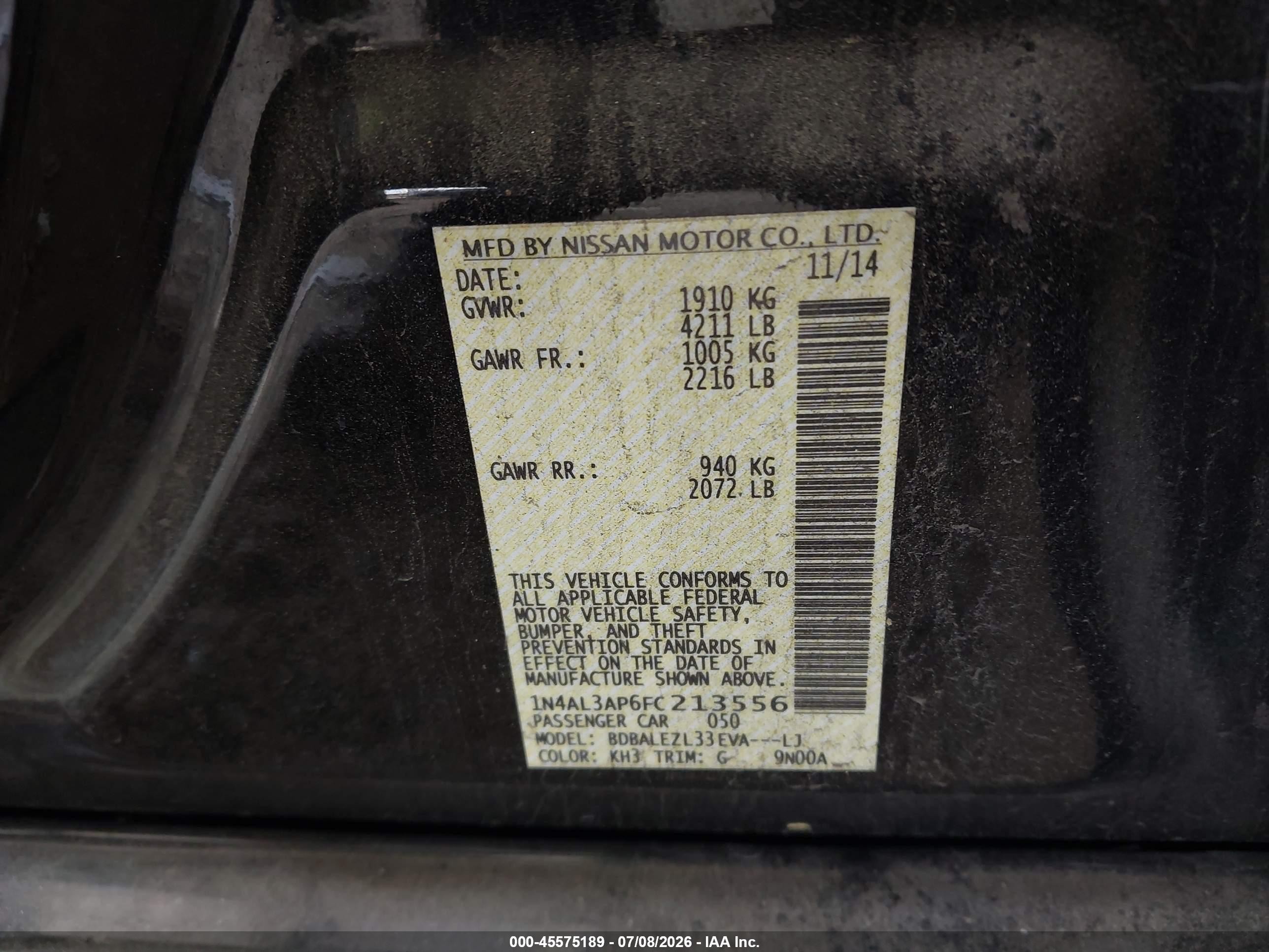 2015 Nissan Altima 2.5 S Black vin: 1N4AL3AP6FC213556