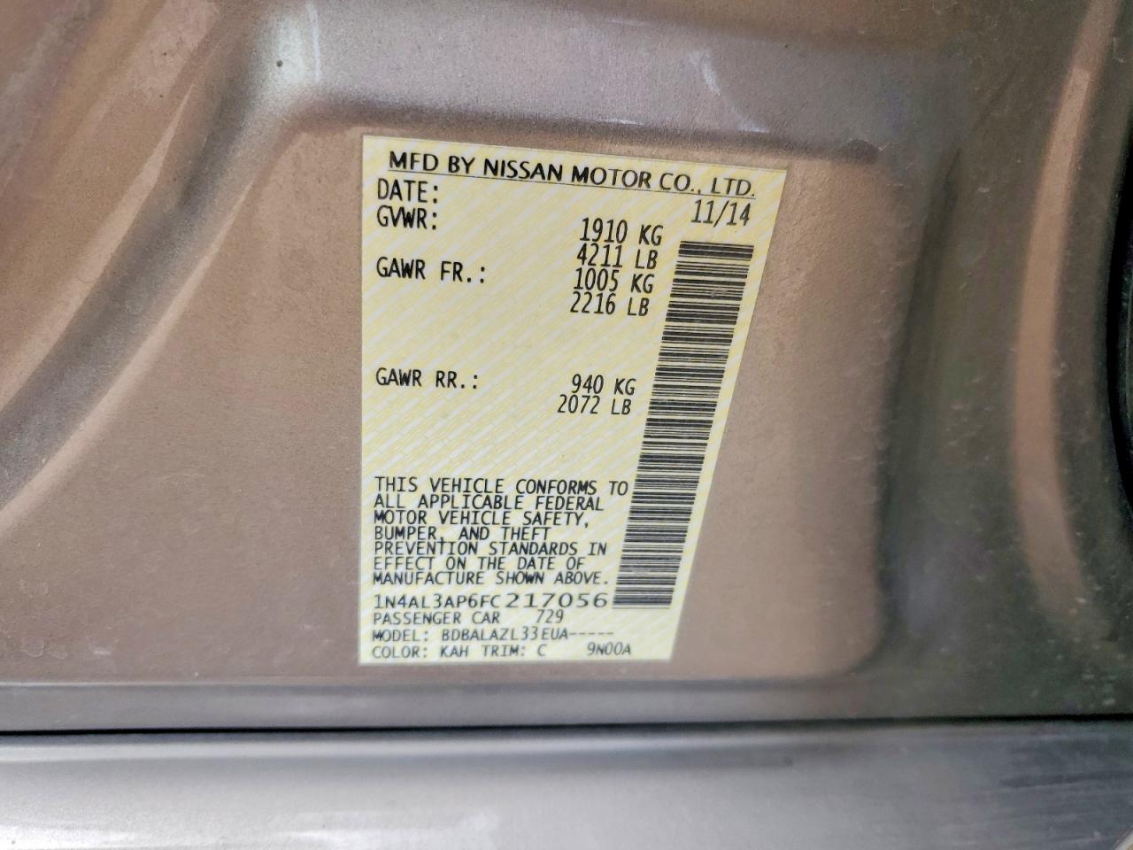 2015 Nissan Altima 2.5 Tan vin: 1N4AL3AP6FC217056
