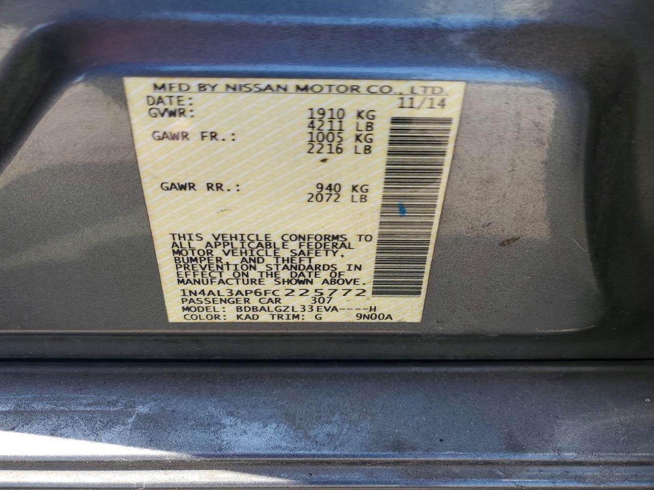 2015 Nissan Altima 2.5 S Угольный vin: 1N4AL3AP6FC225772