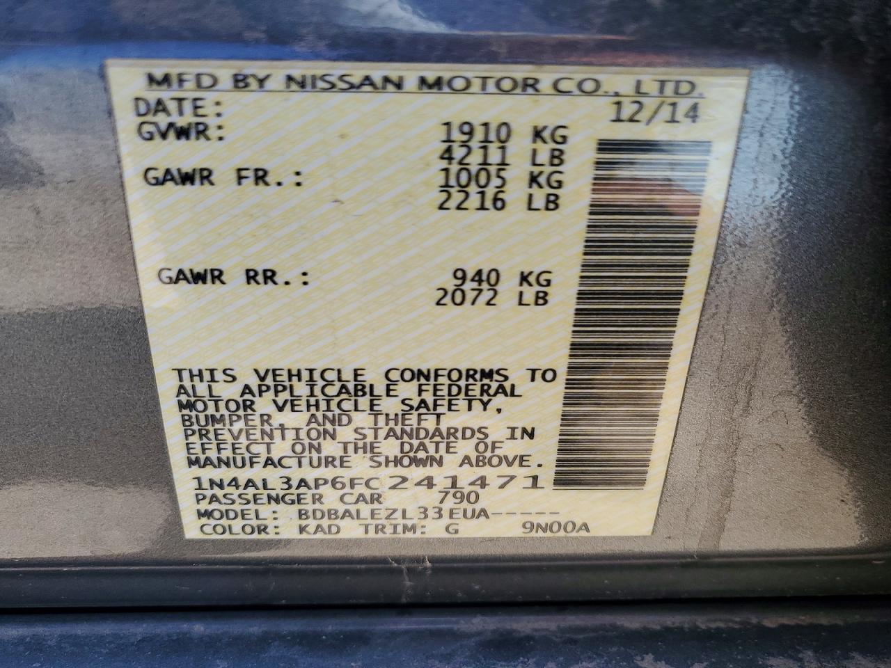 2015 Nissan Altima 2.5 S Gray vin: 1N4AL3AP6FC241471