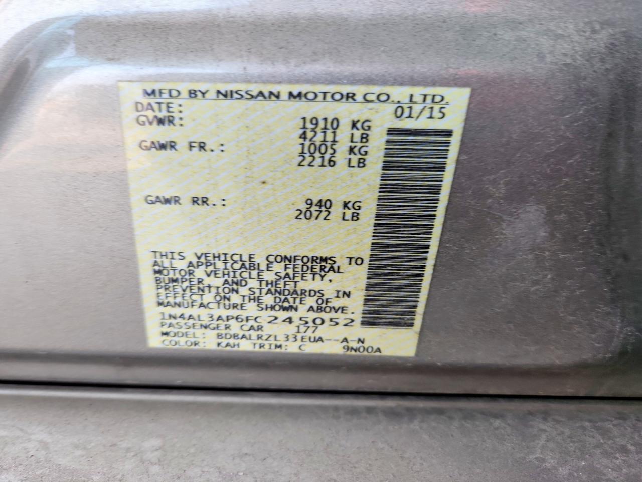 2015 Nissan Altima 2.5 Sl Gray vin: 1N4AL3AP6FC245052