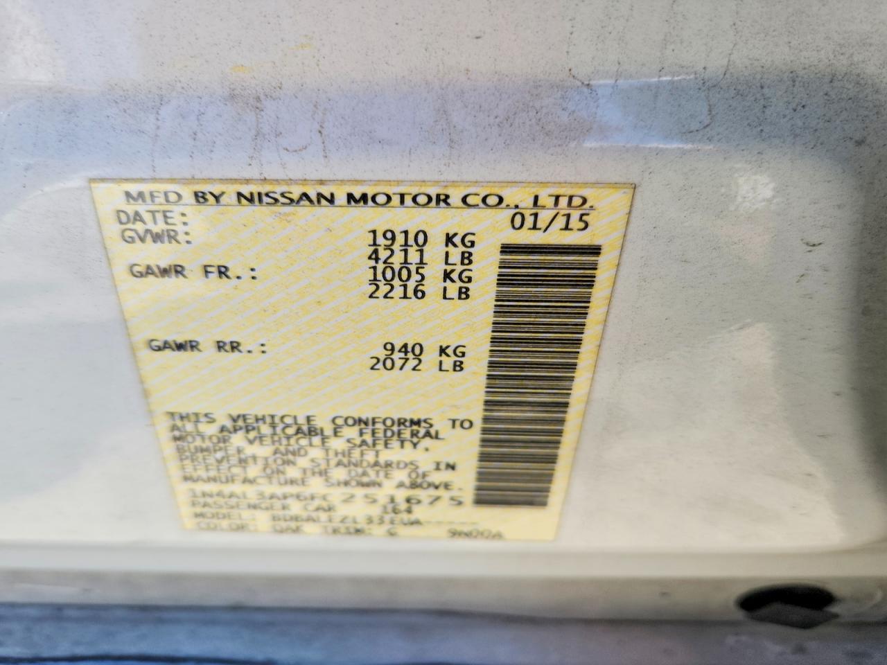 2015 Nissan Altima 2.5 S White vin: 1N4AL3AP6FC251675