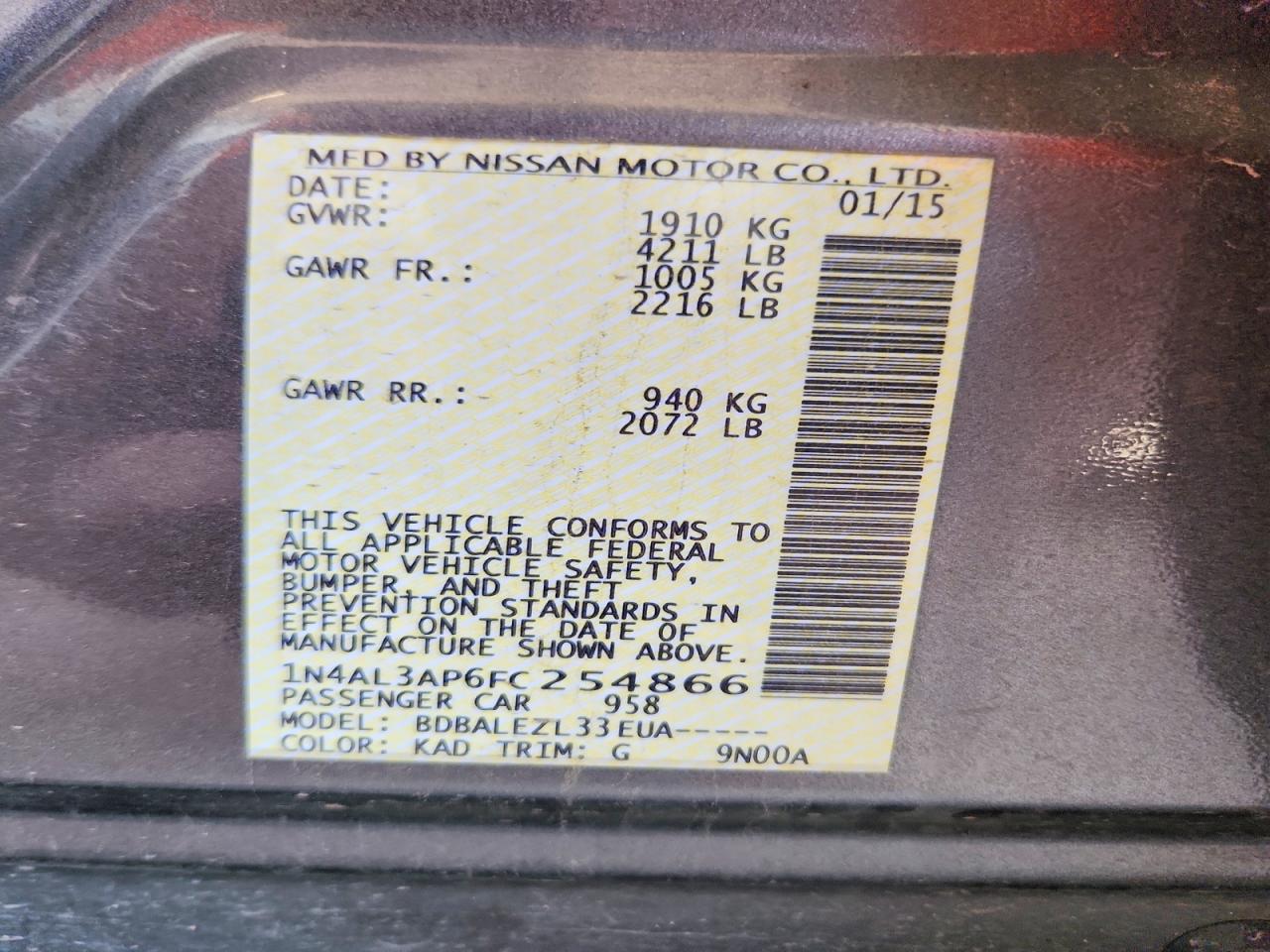 2015 Nissan Altima 2.5 S Charcoal vin: 1N4AL3AP6FC254866