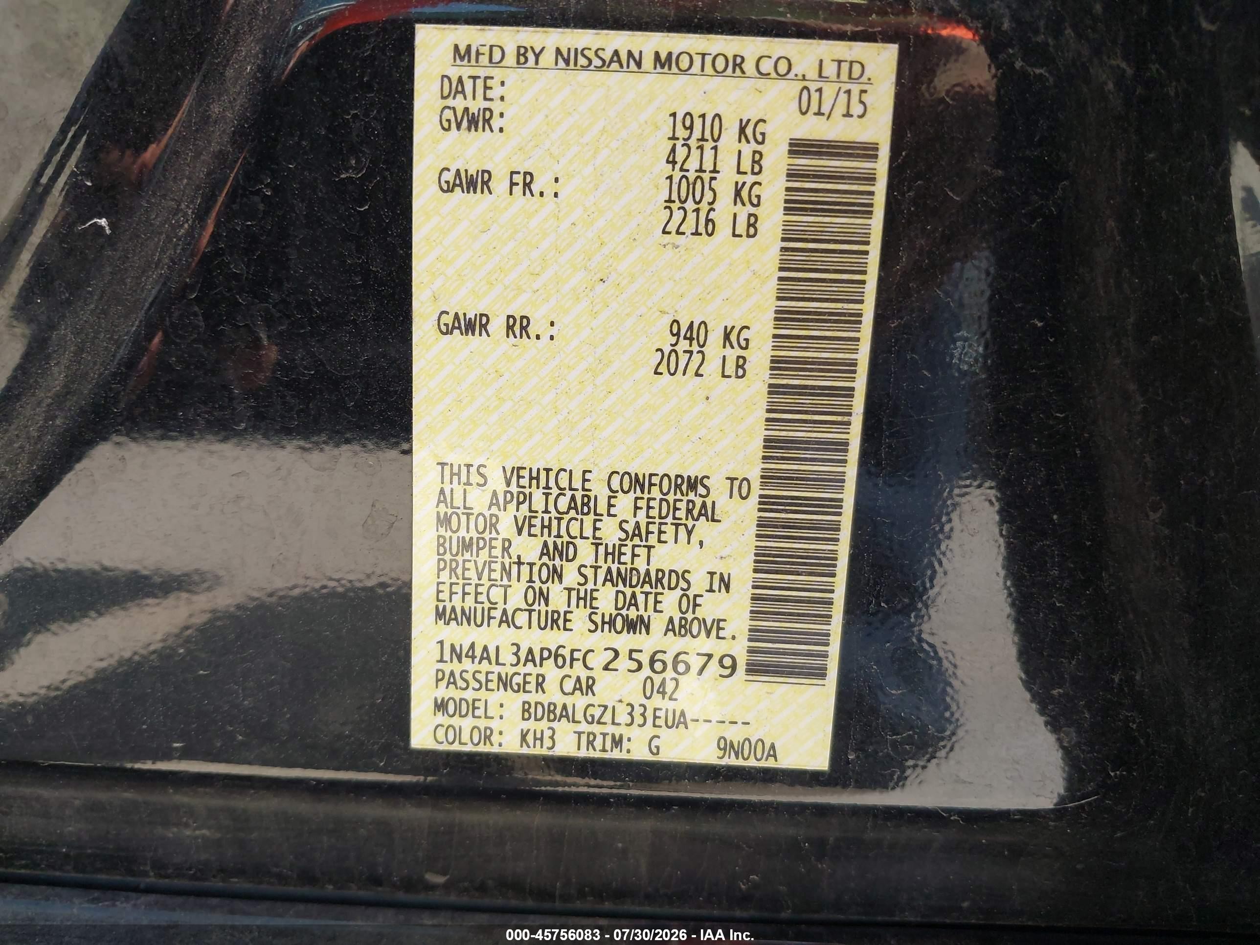 2015 Nissan Altima 2.5/s/sv/sl Black vin: 1N4AL3AP6FC256679