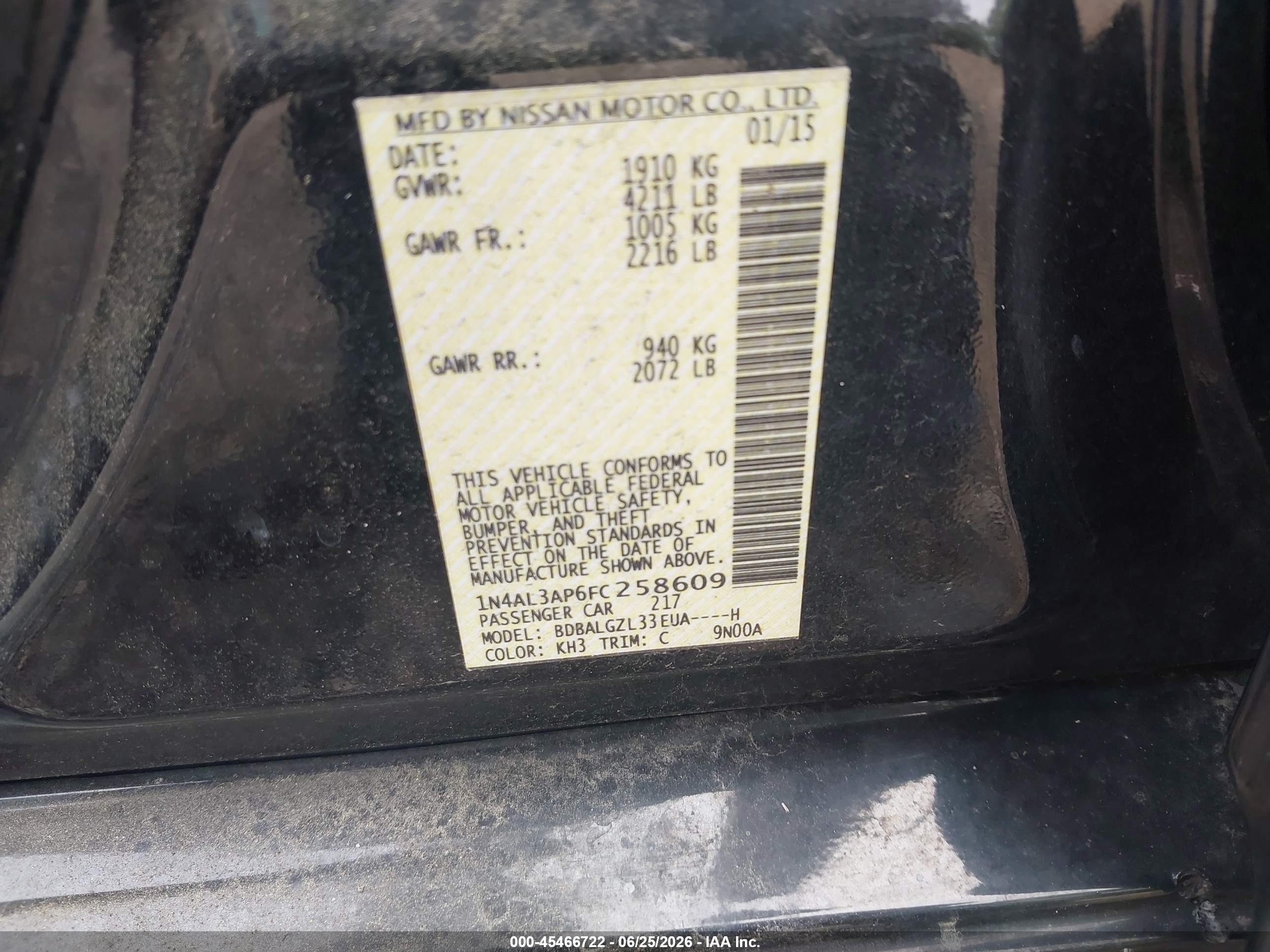 2015 Nissan Altima 2.5 S Black vin: 1N4AL3AP6FC258609