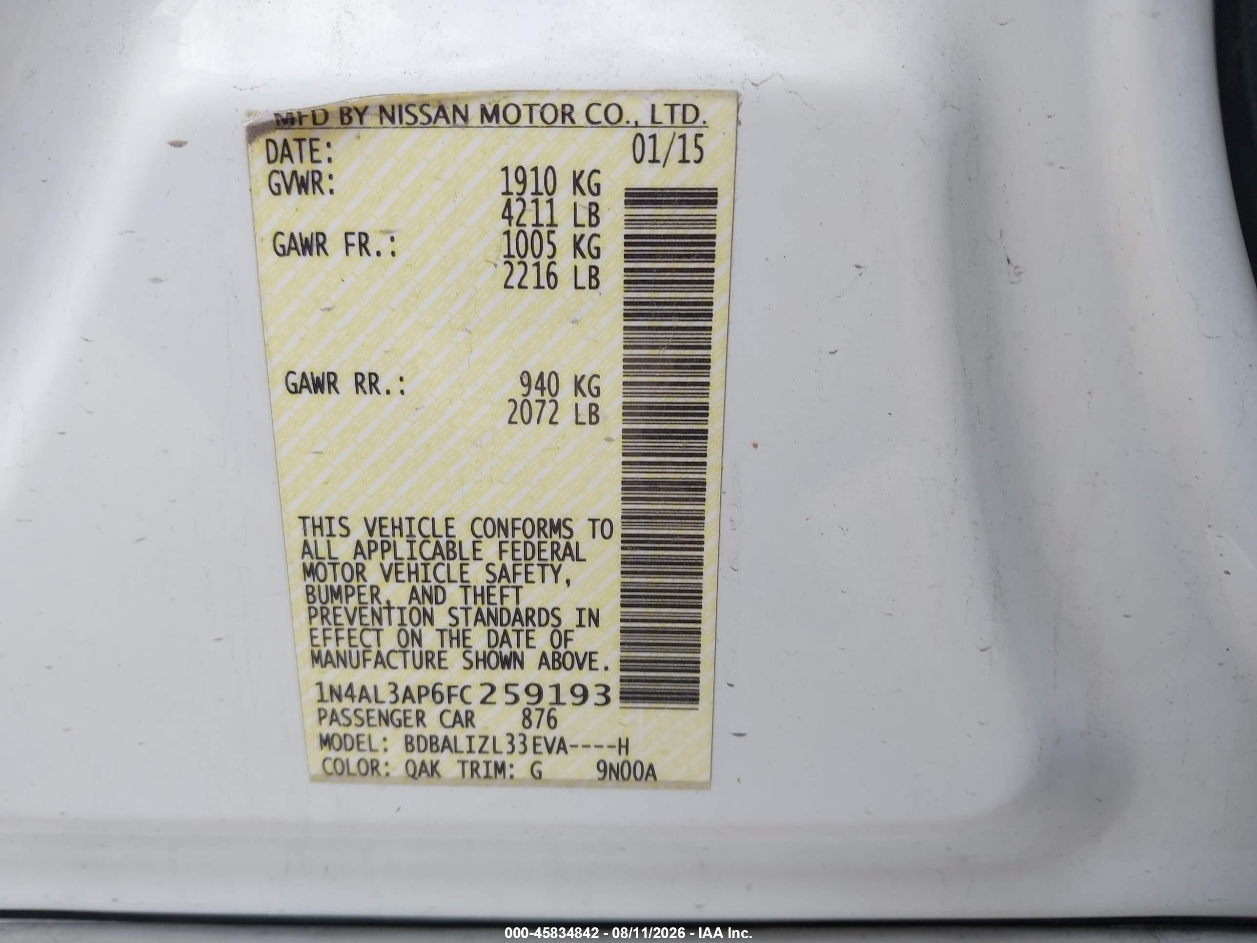 2015 Nissan Altima 2.5 Sv White vin: 1N4AL3AP6FC259193