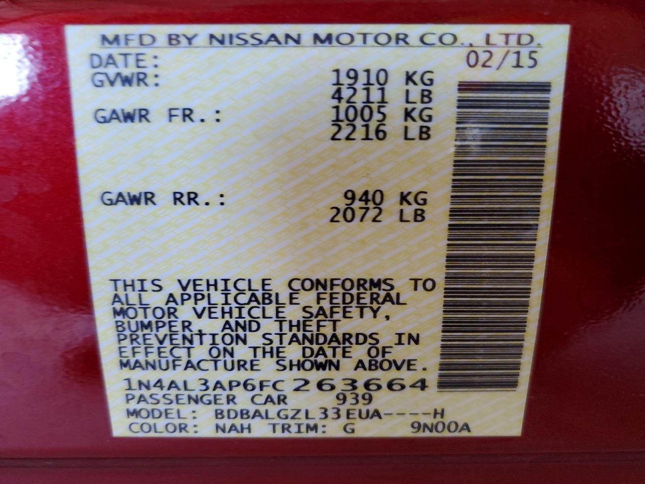 2015 Nissan Altima 2.5 S Бордовый vin: 1N4AL3AP6FC263664
