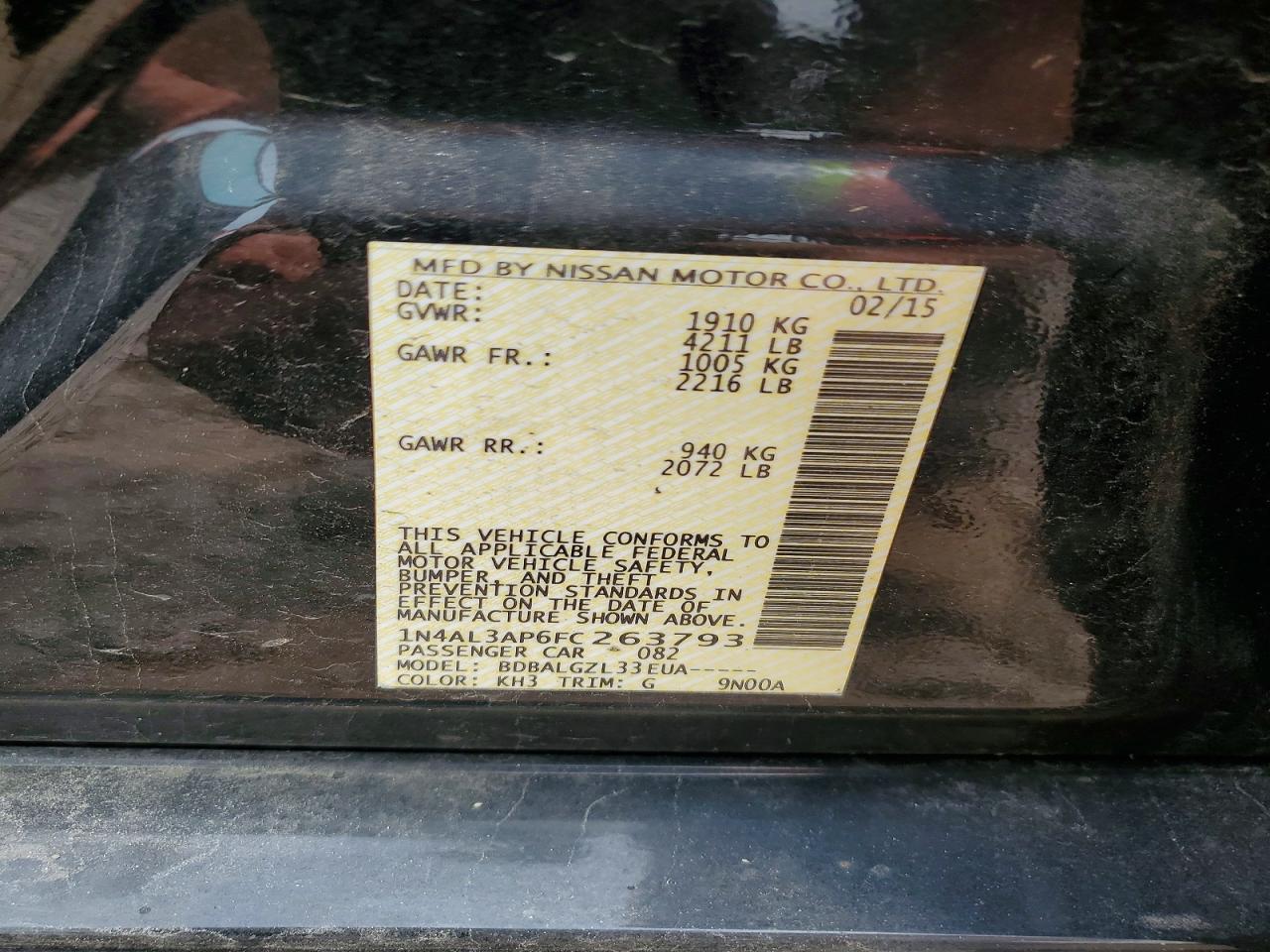 2015 Nissan Altima 2.5 S Черный vin: 1N4AL3AP6FC263793
