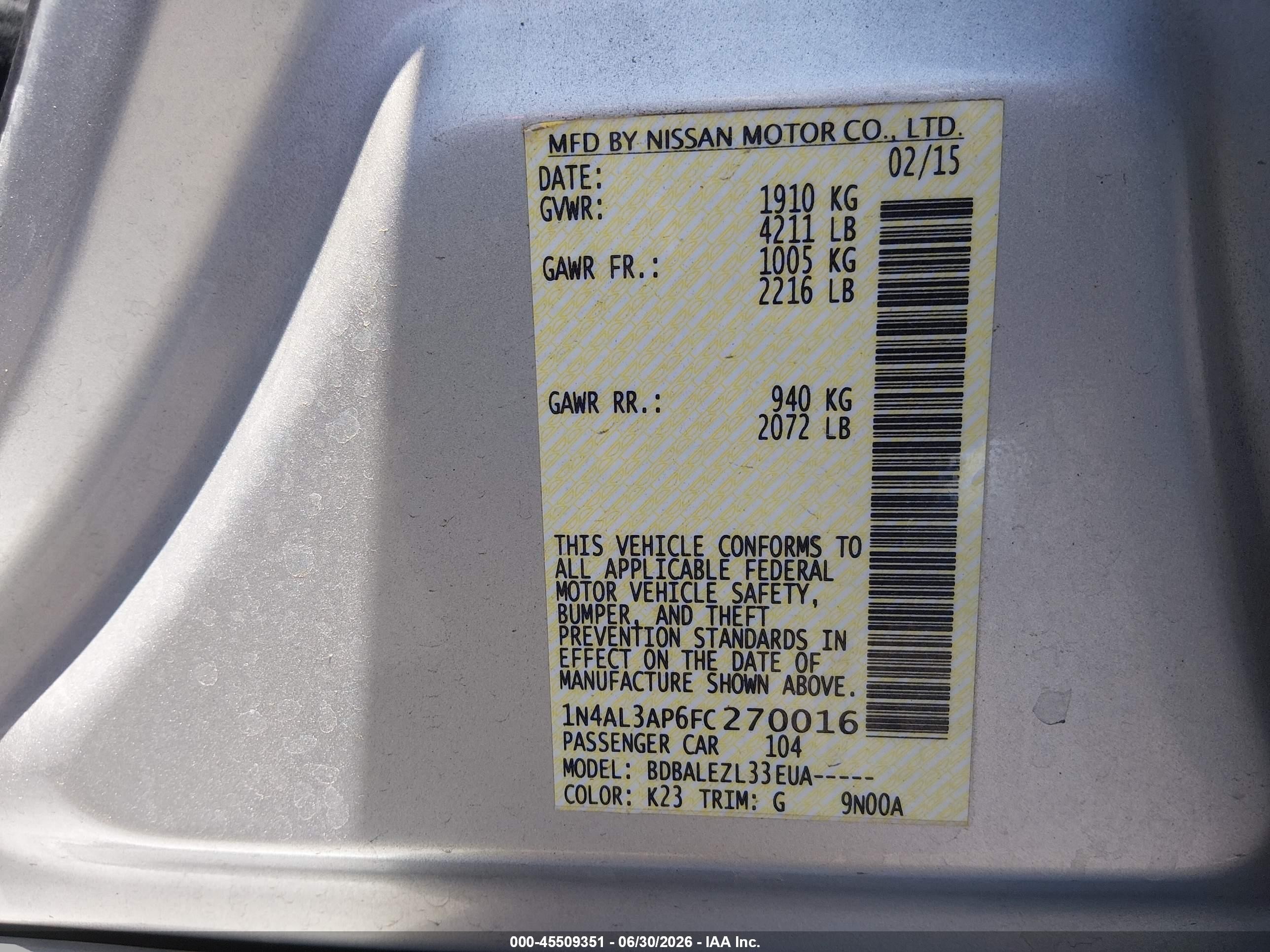 2015 Nissan Altima 2.5/2.5 S/2.5 Sl/2.5 Sv Silver vin: 1N4AL3AP6FC270016