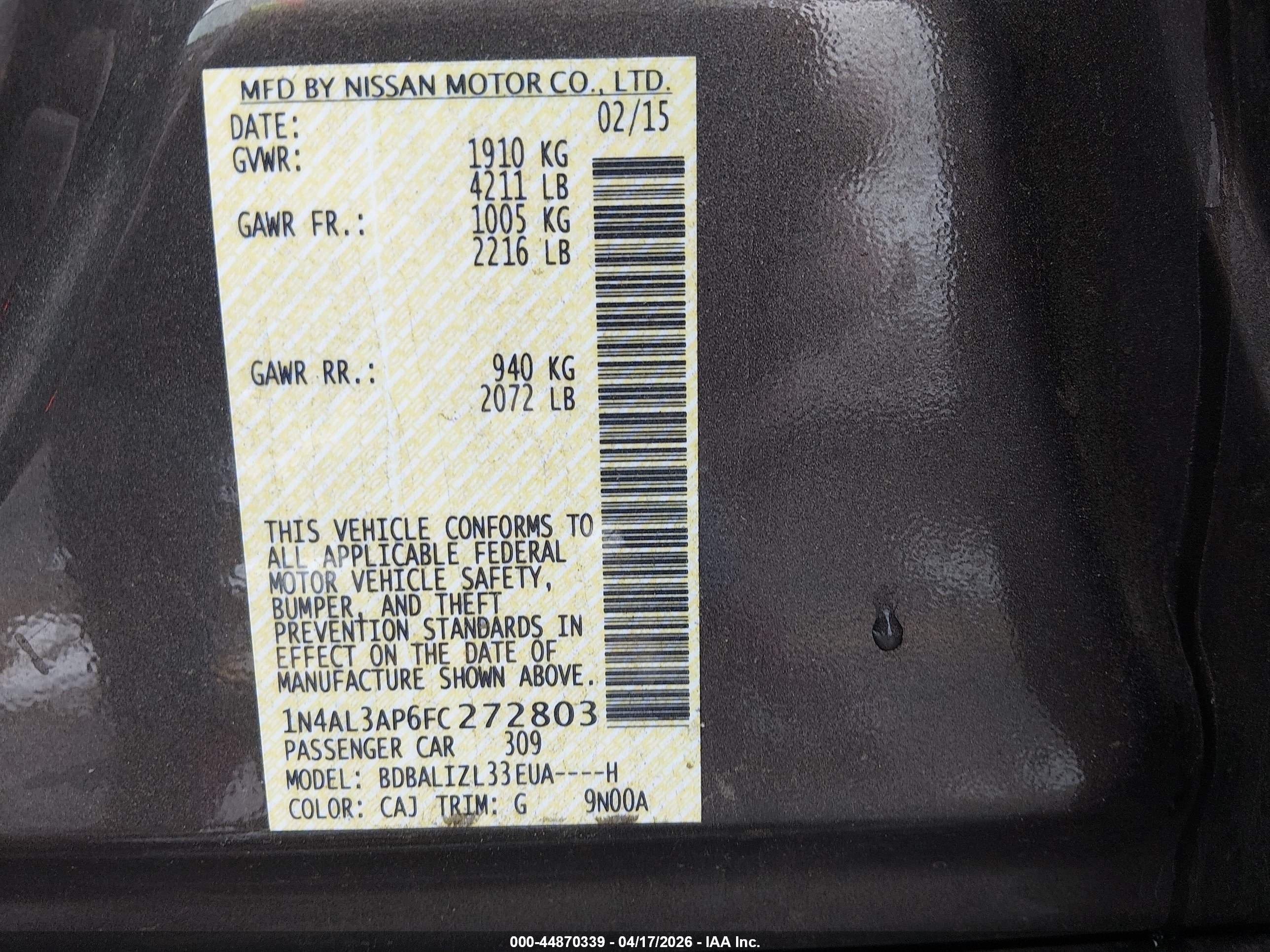 2015 Nissan Altima 2.5 Sv Champagne vin: 1N4AL3AP6FC272803