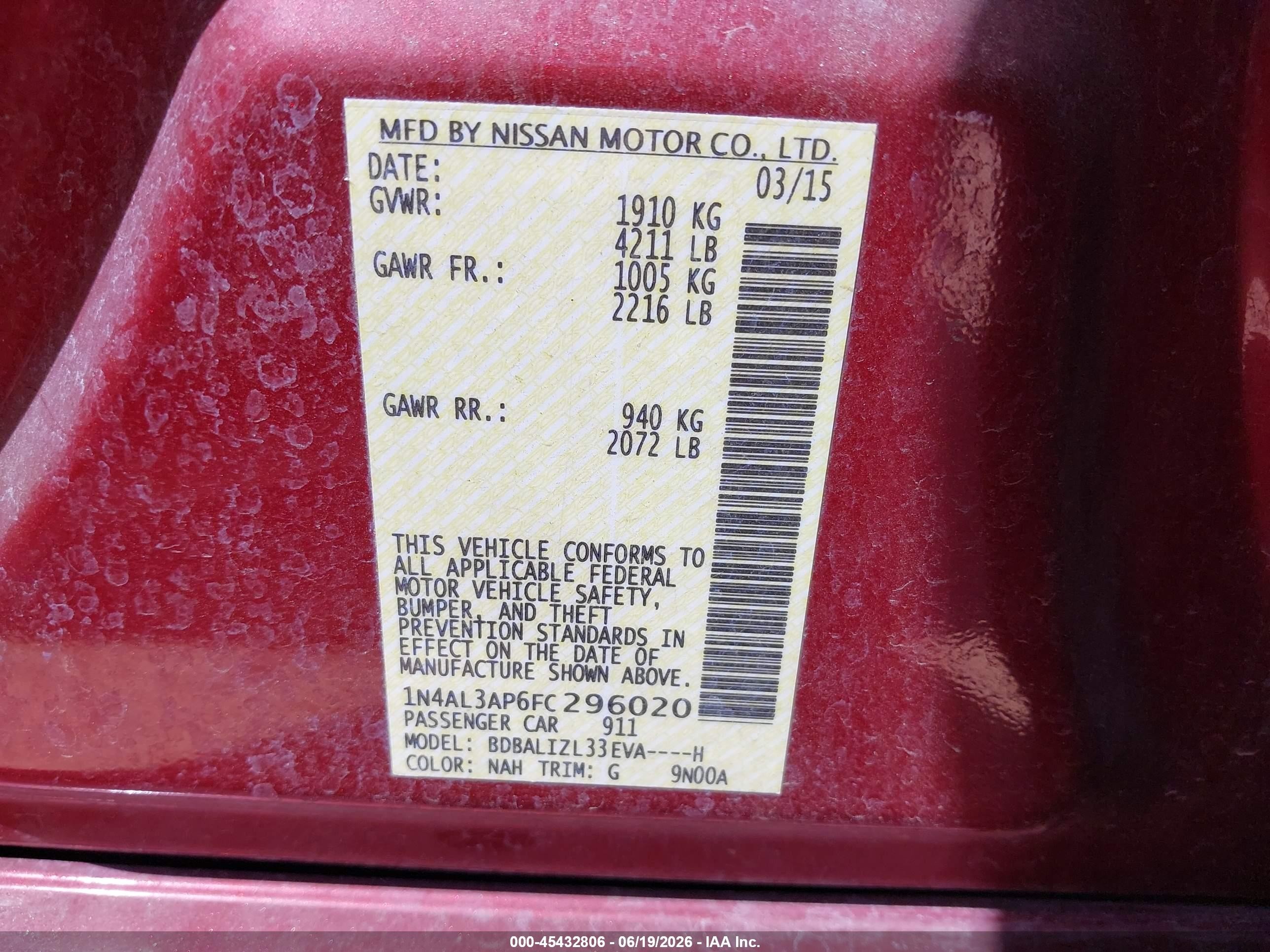 2015 Nissan Altima 2.5 Sv Red vin: 1N4AL3AP6FC296020