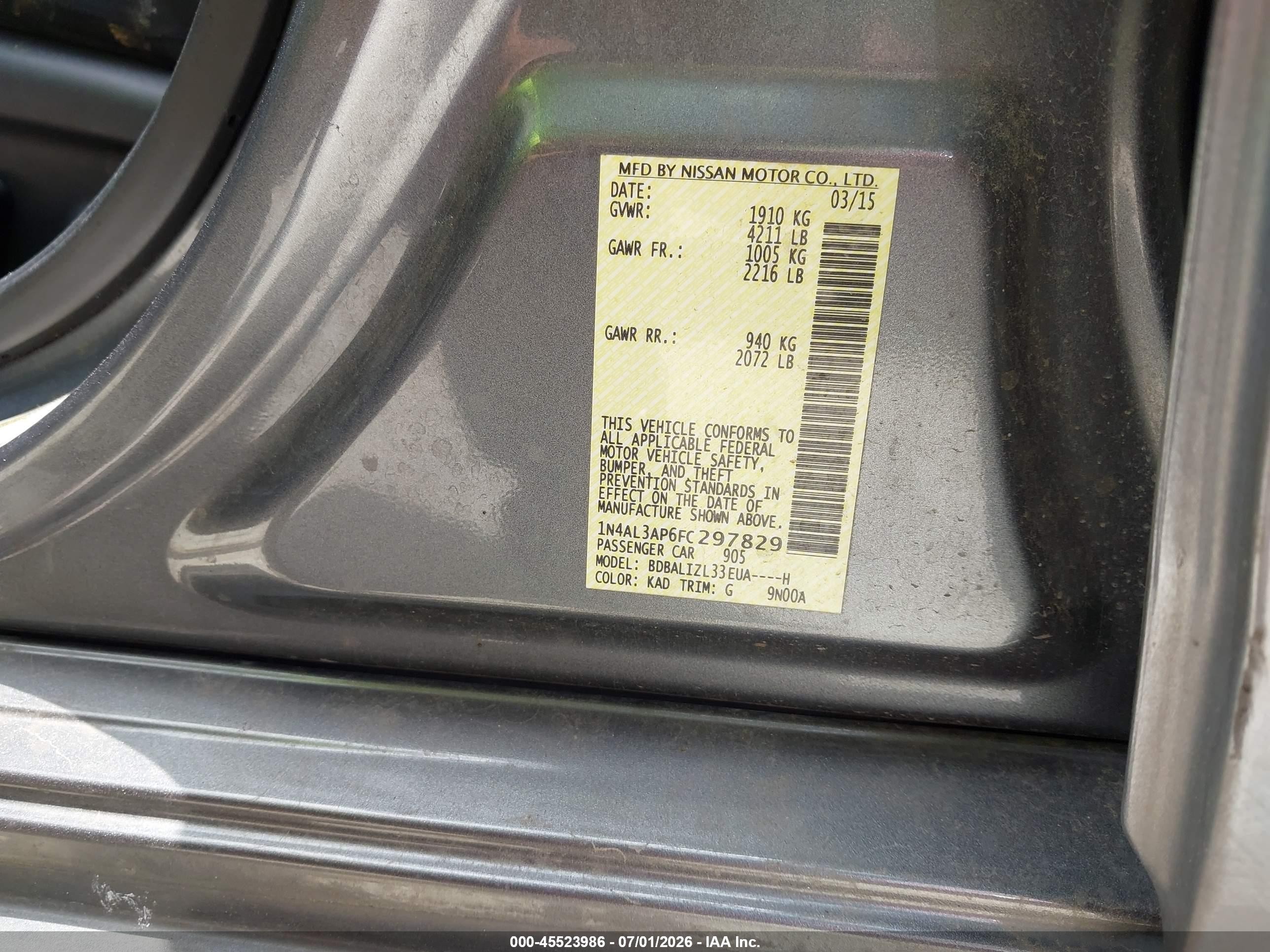 2015 Nissan Altima 2.5 Sv Gray vin: 1N4AL3AP6FC297829