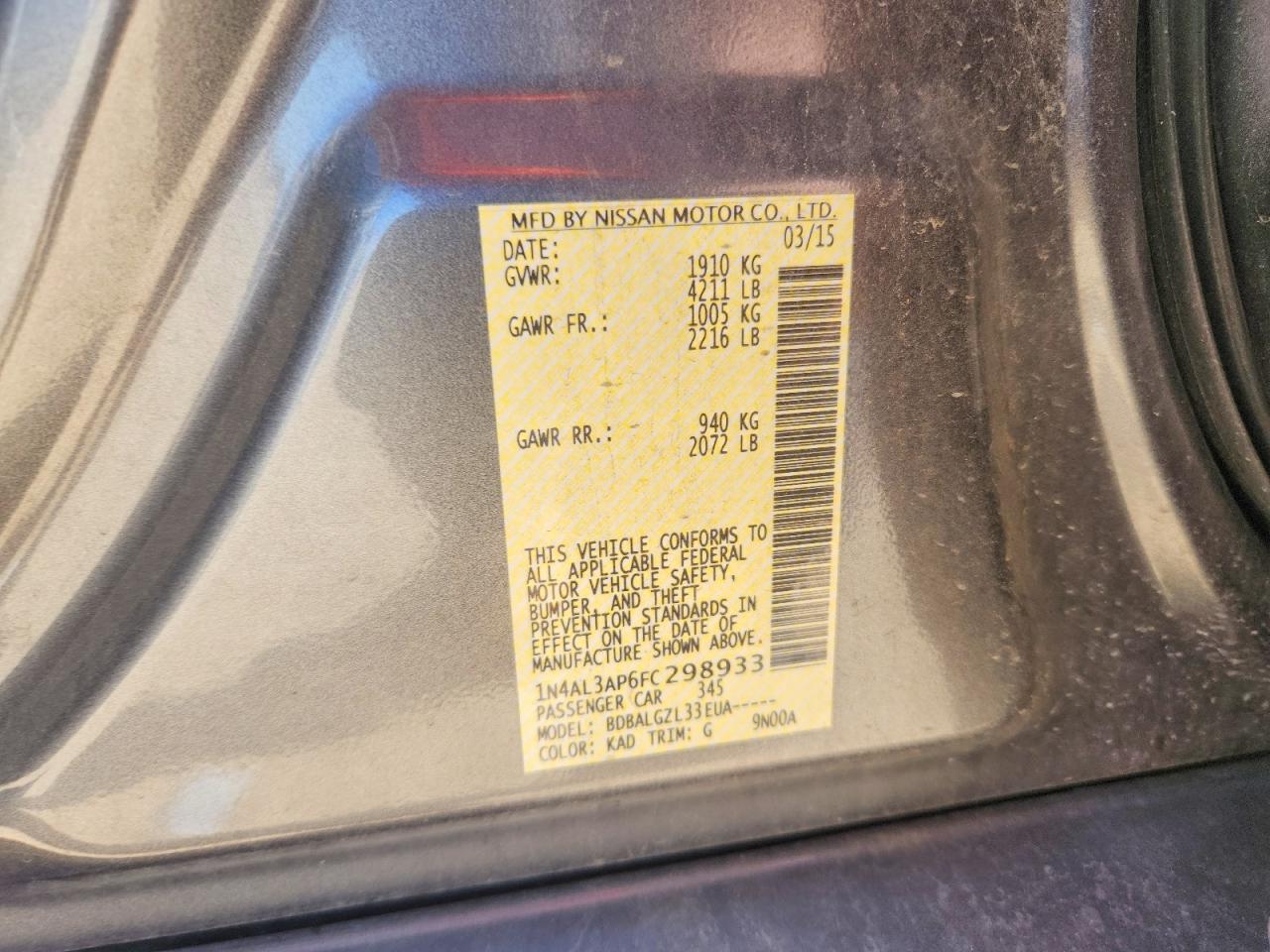 2015 Nissan Altima 2.5 S Gray vin: 1N4AL3AP6FC298933