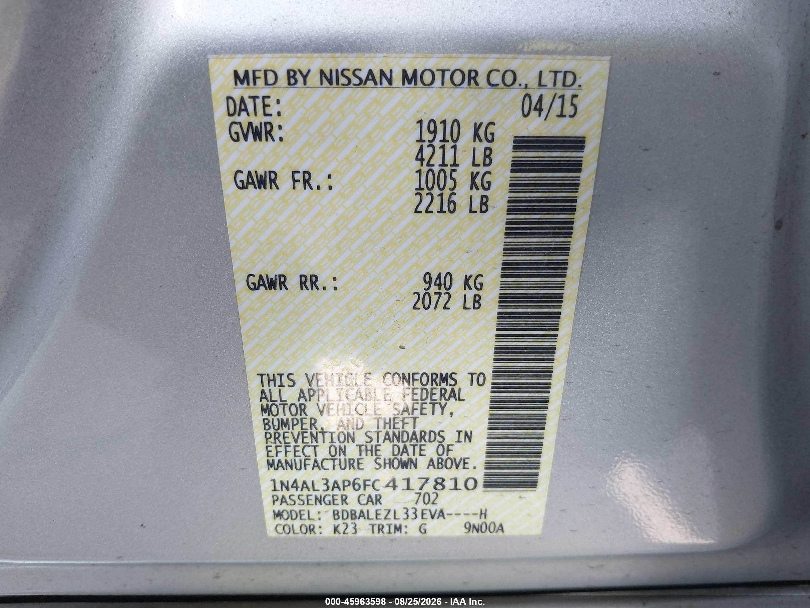 2015 Nissan Altima 2.5 S Silver vin: 1N4AL3AP6FC417810
