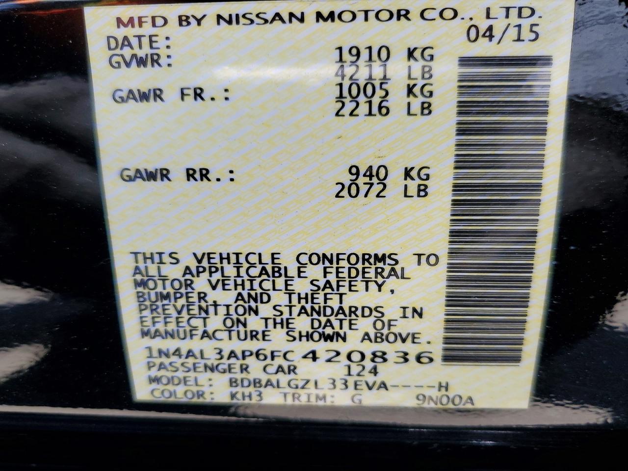 2015 Nissan Altima 2.5 S Черный vin: 1N4AL3AP6FC420836